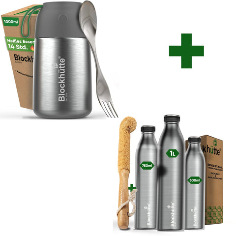 Freizeit Bundle - Edelstahl Thermobehälter + Edelstahl Sport Trinkflasche | Edelstahl Sport Trinkflasche: 1000ml | Edelstahl Thermobehälter: 1000ml
