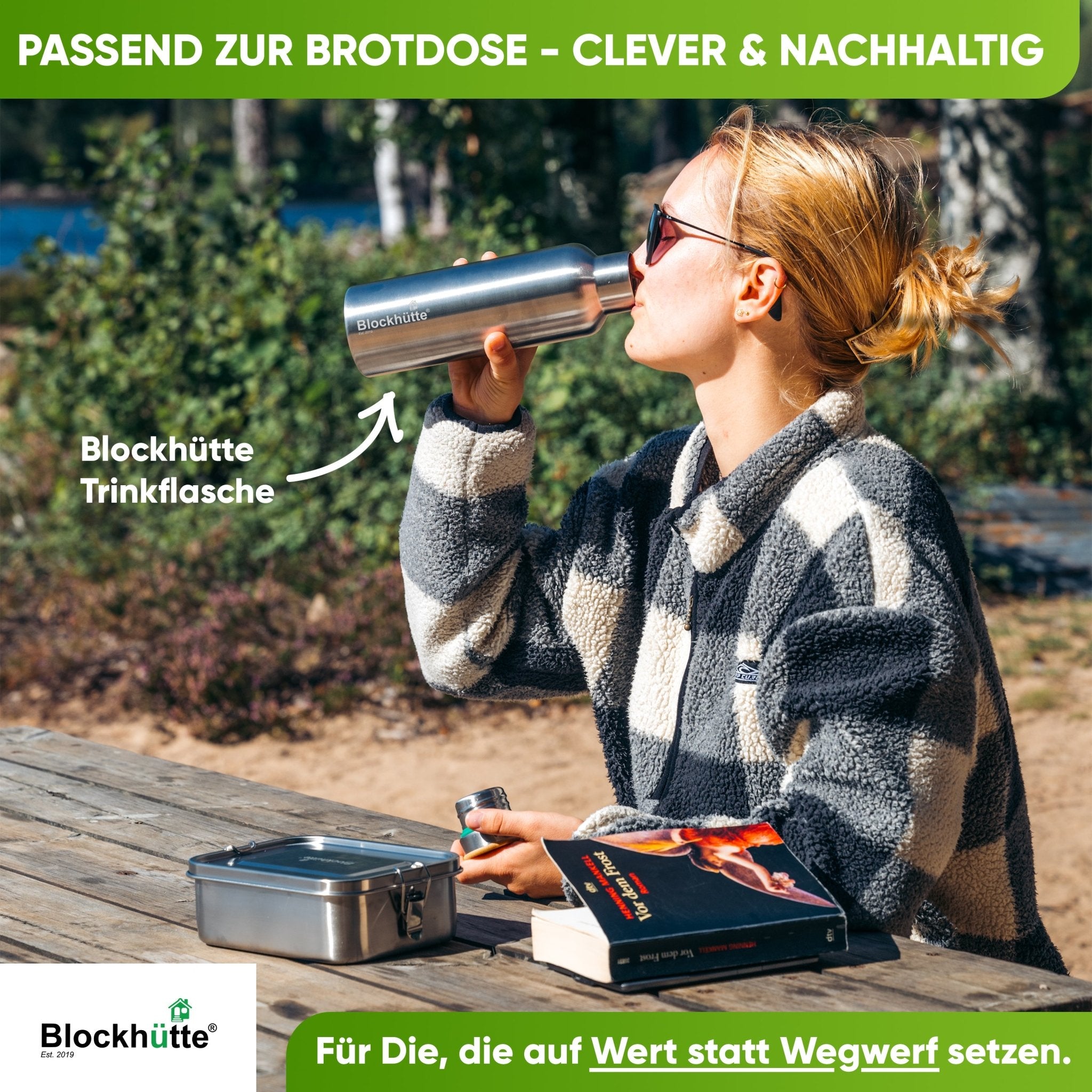 Premium Edelstahl Brotdose mit 2 Trennwänden - Blockhütte - BH0001