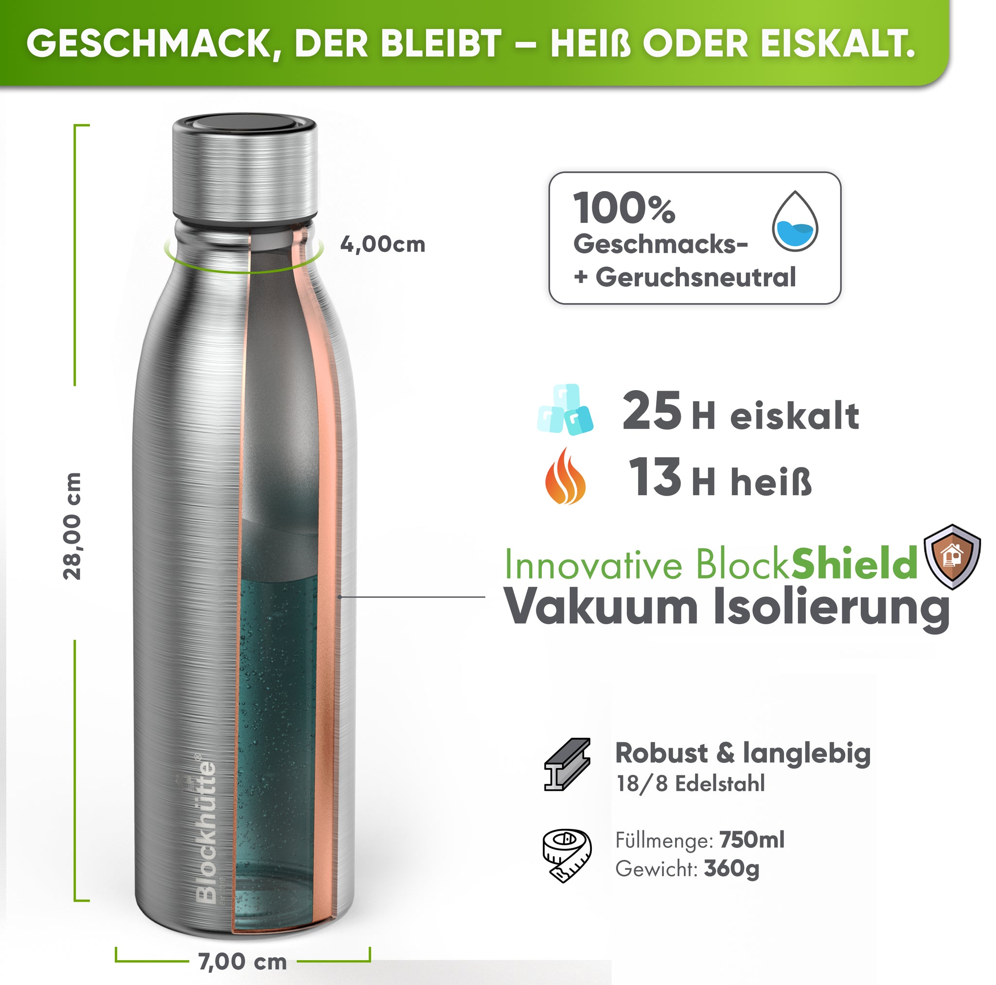 Botella deportiva de acero inoxidable aislada con [cepillo de cerdas naturales GRATIS]