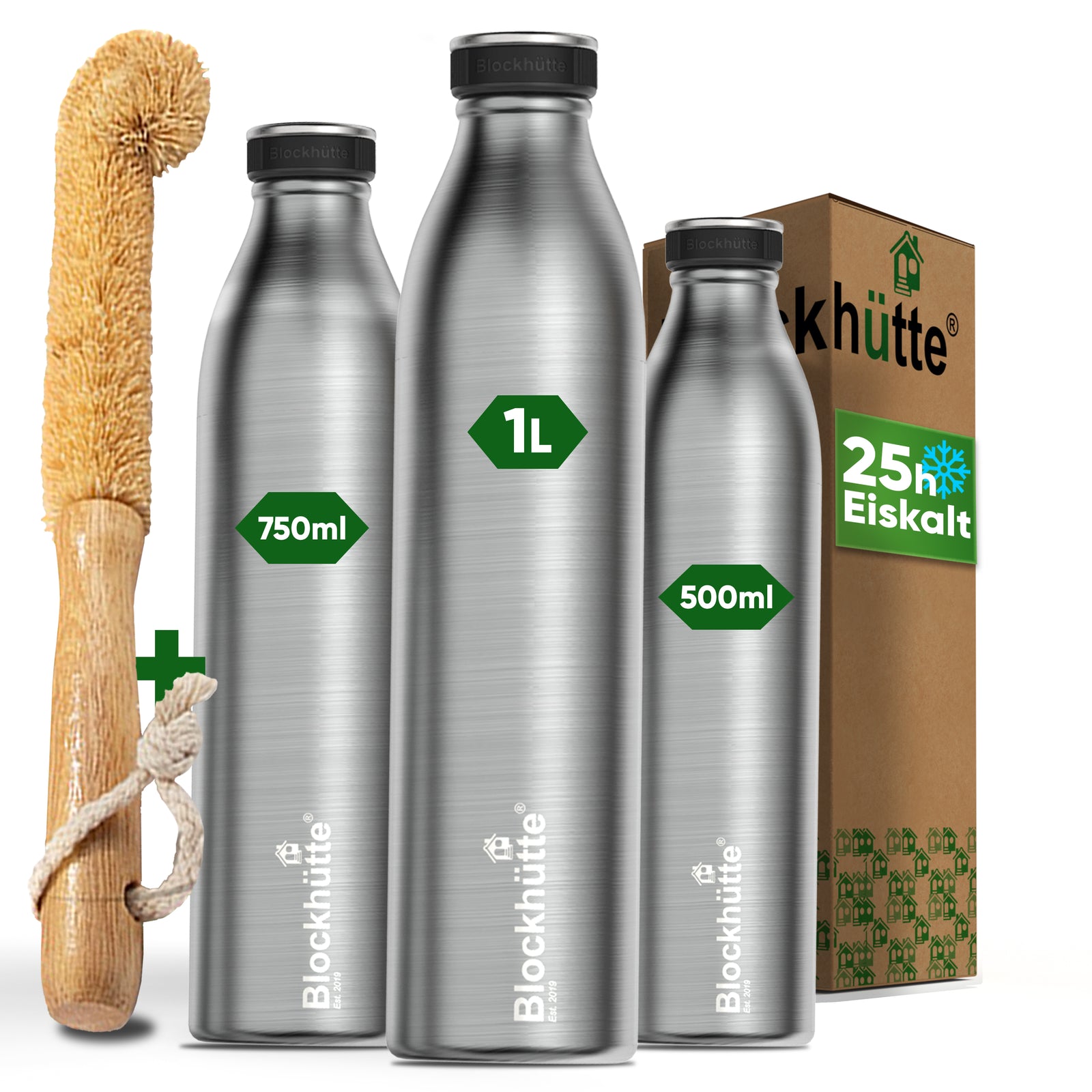 Botella deportiva de acero inoxidable aislada con [cepillo de cerdas naturales GRATIS]
