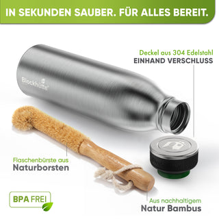 Botella deportiva de acero inoxidable aislada con [cepillo de cerdas naturales GRATIS]