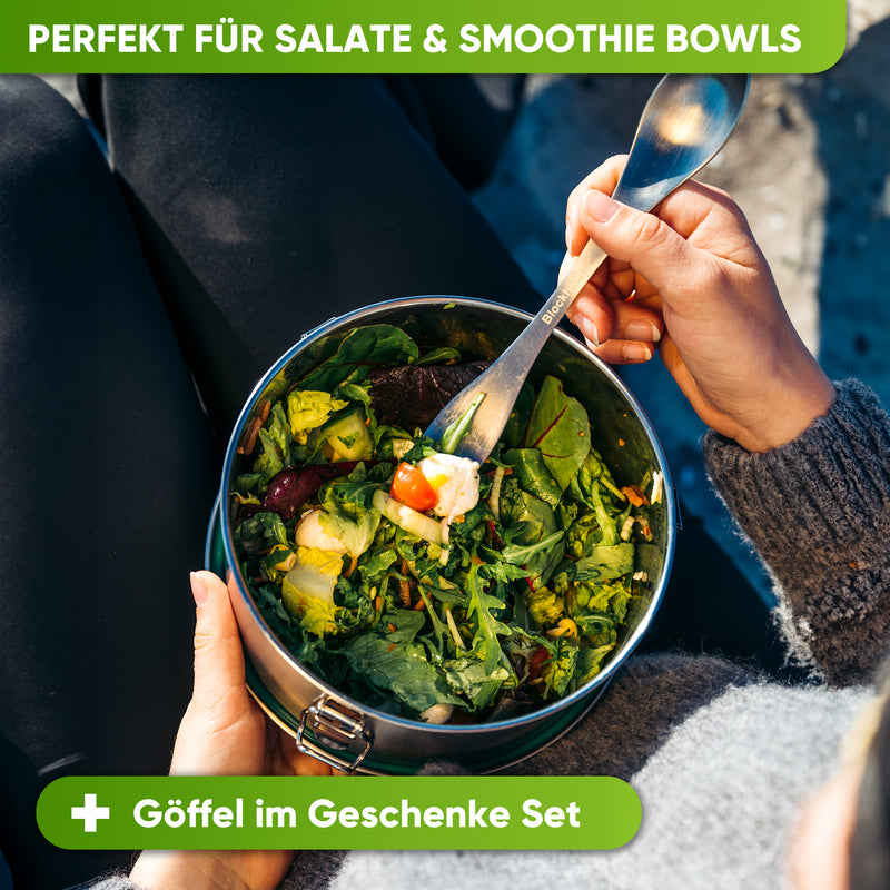 Runde Lunchbox aus Edelstahl mit Dichtung & Löffel
