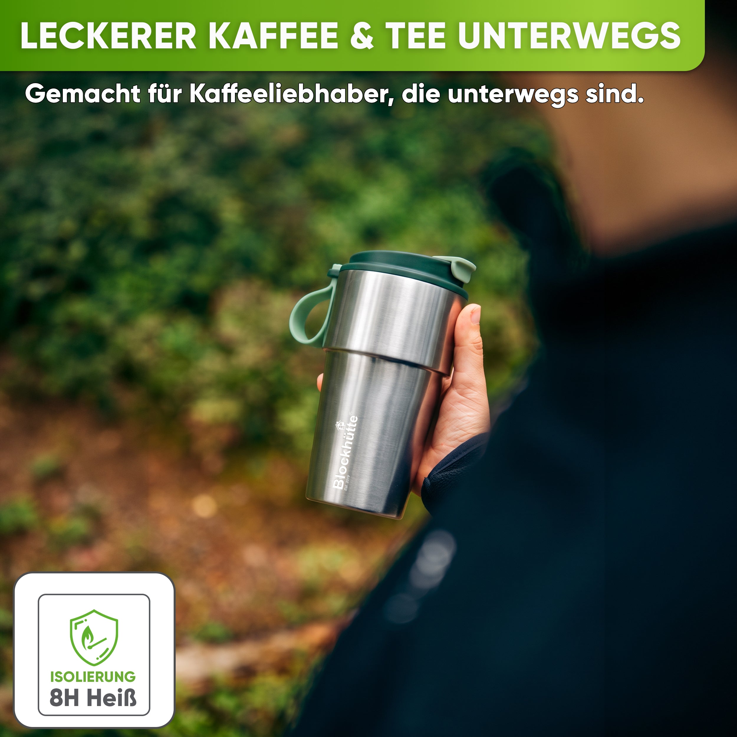 Isolierter Edelstahl Thermobecher für Kaffee und Tee – Dunkelgrün, 500ml, Ansicht 4