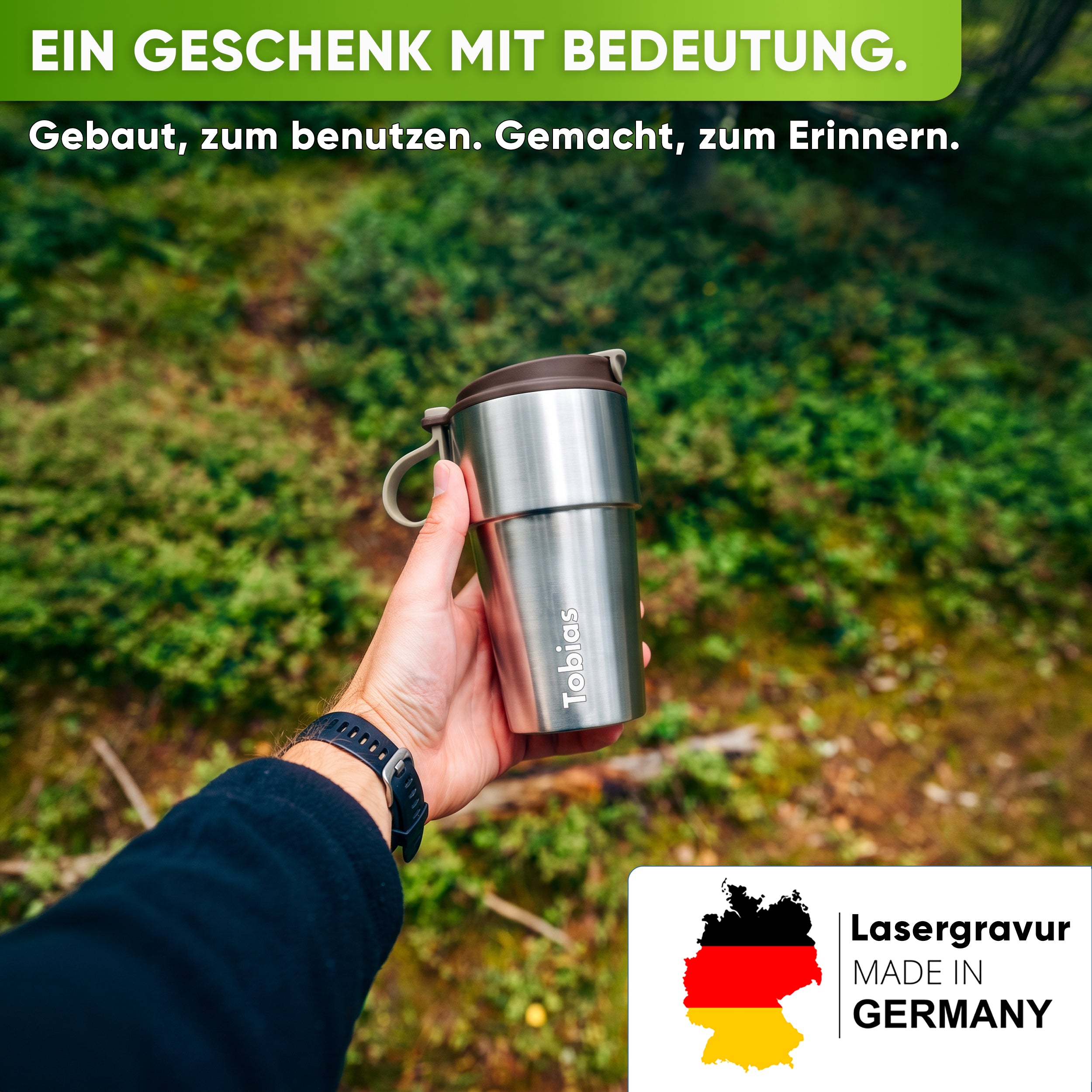 Edelstahl Isolier-Thermobecher mit Namensgravur für Kaffee & Tee – Braun, 500ml, Ansicht 1