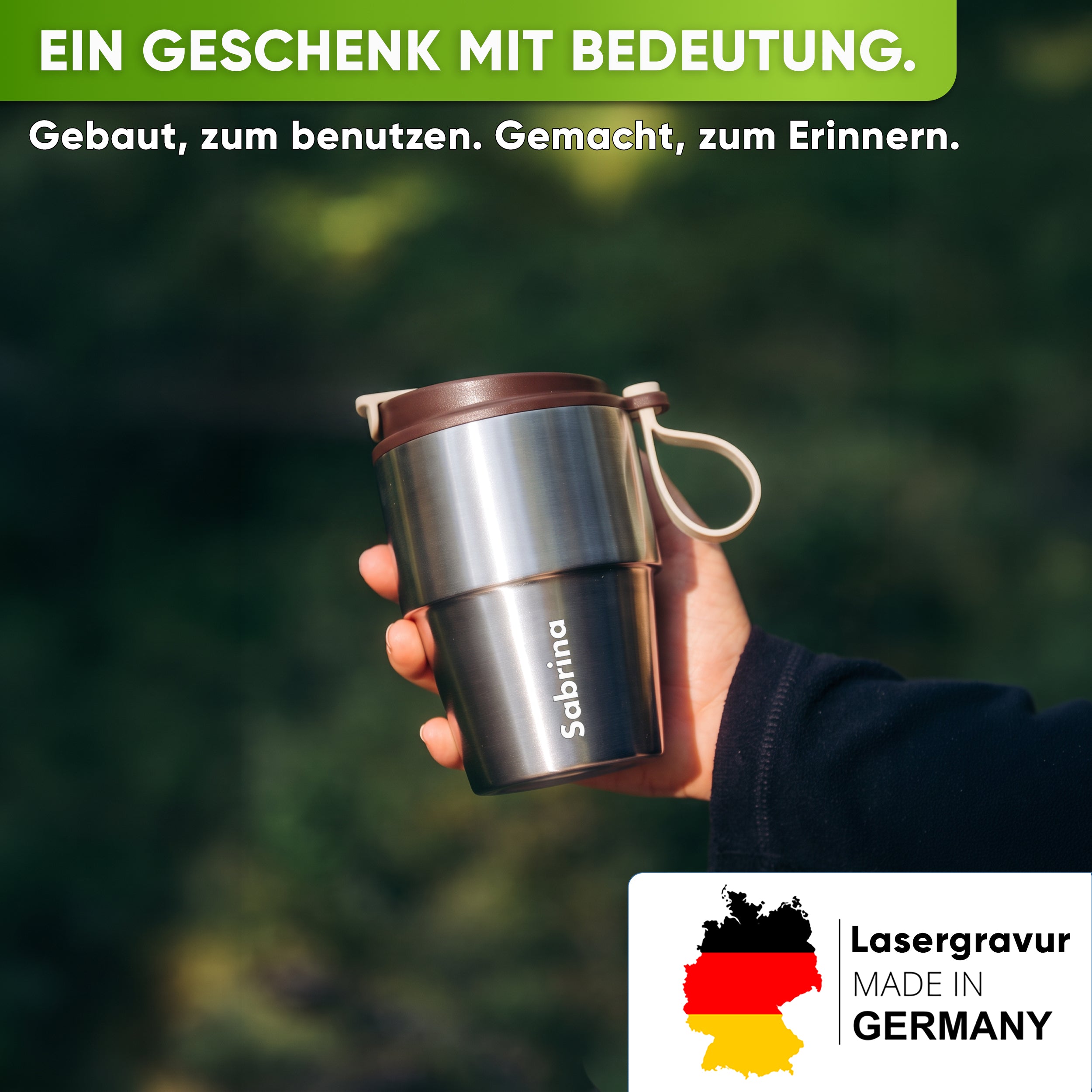 Edelstahl Isolier-Thermobecher mit Namensgravur für Kaffee & Tee – Braun, 350ml, Ansicht 1