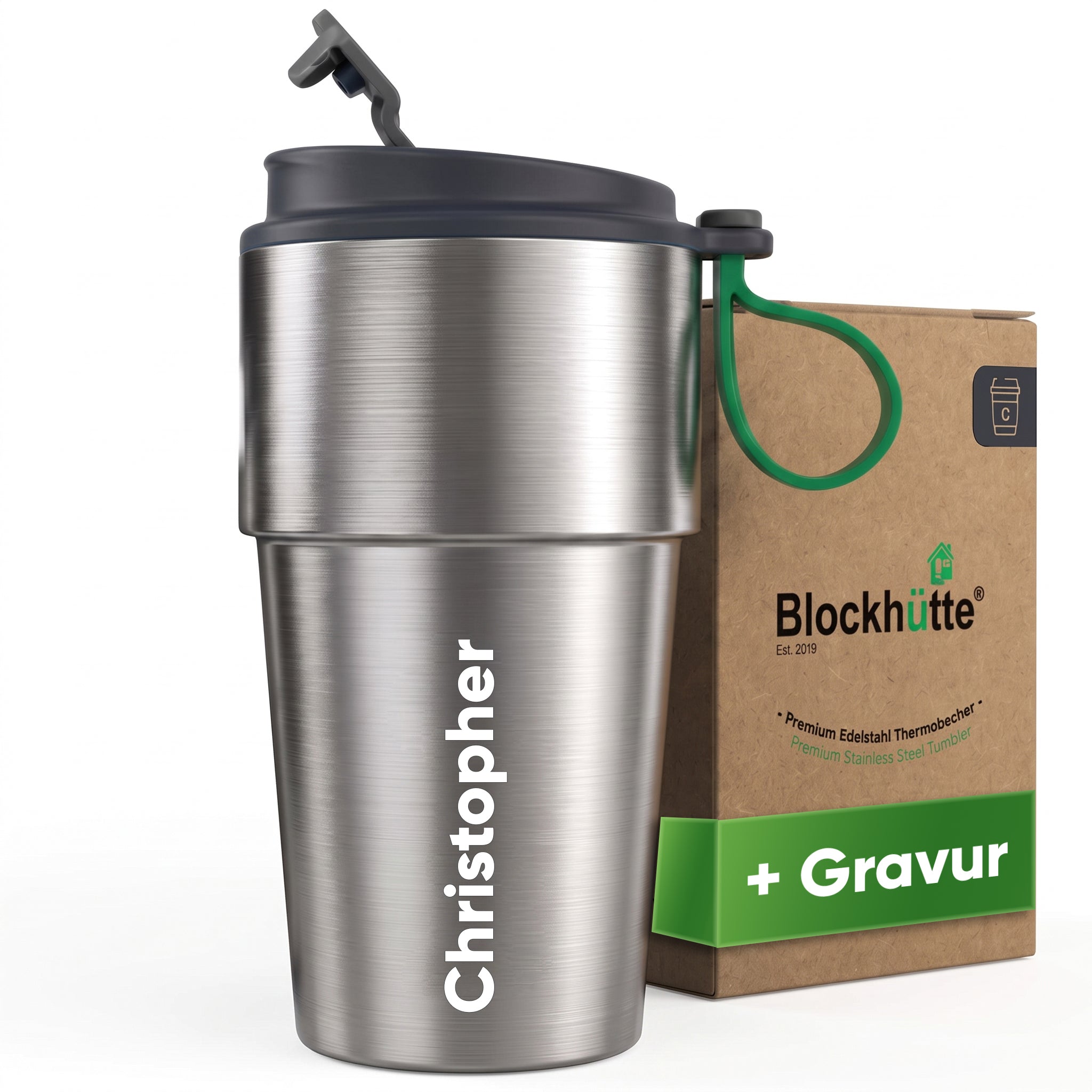 Edelstahl Isolier-Thermobecher mit Namensgravur für Kaffee & Tee – Grau, 500ml