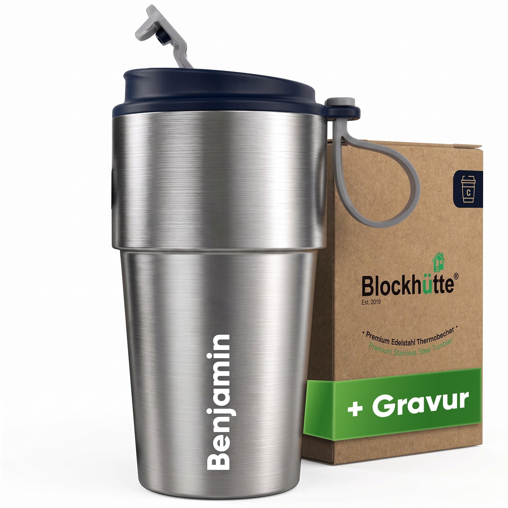 Edelstahl Isolier-Thermobecher mit Namensgravur für Kaffee & Tee – Dunkelblau, 500ml