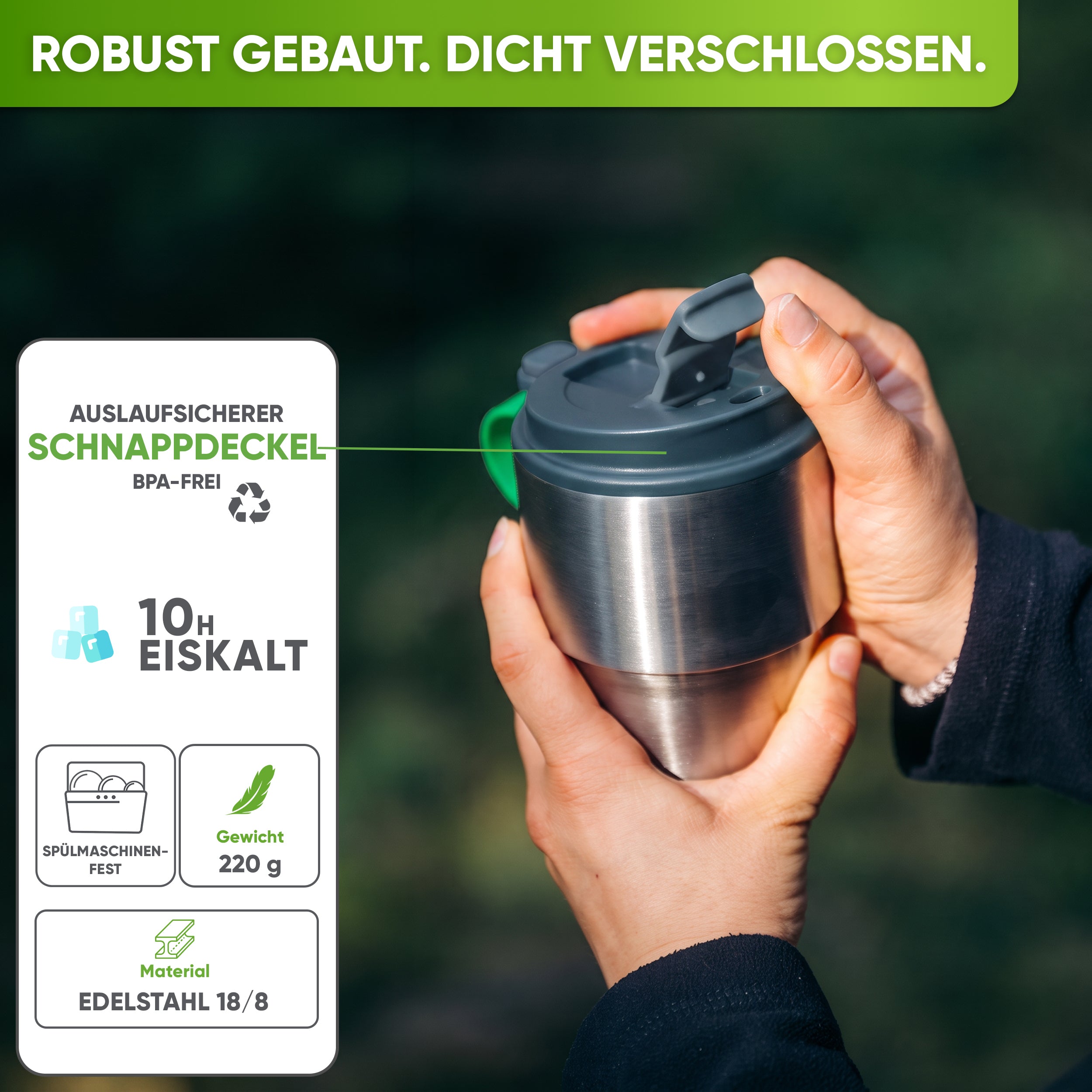 Edelstahl Isolier-Thermobecher mit Namensgravur für Kaffee & Tee – Grau, 350ml, Ansicht 3
