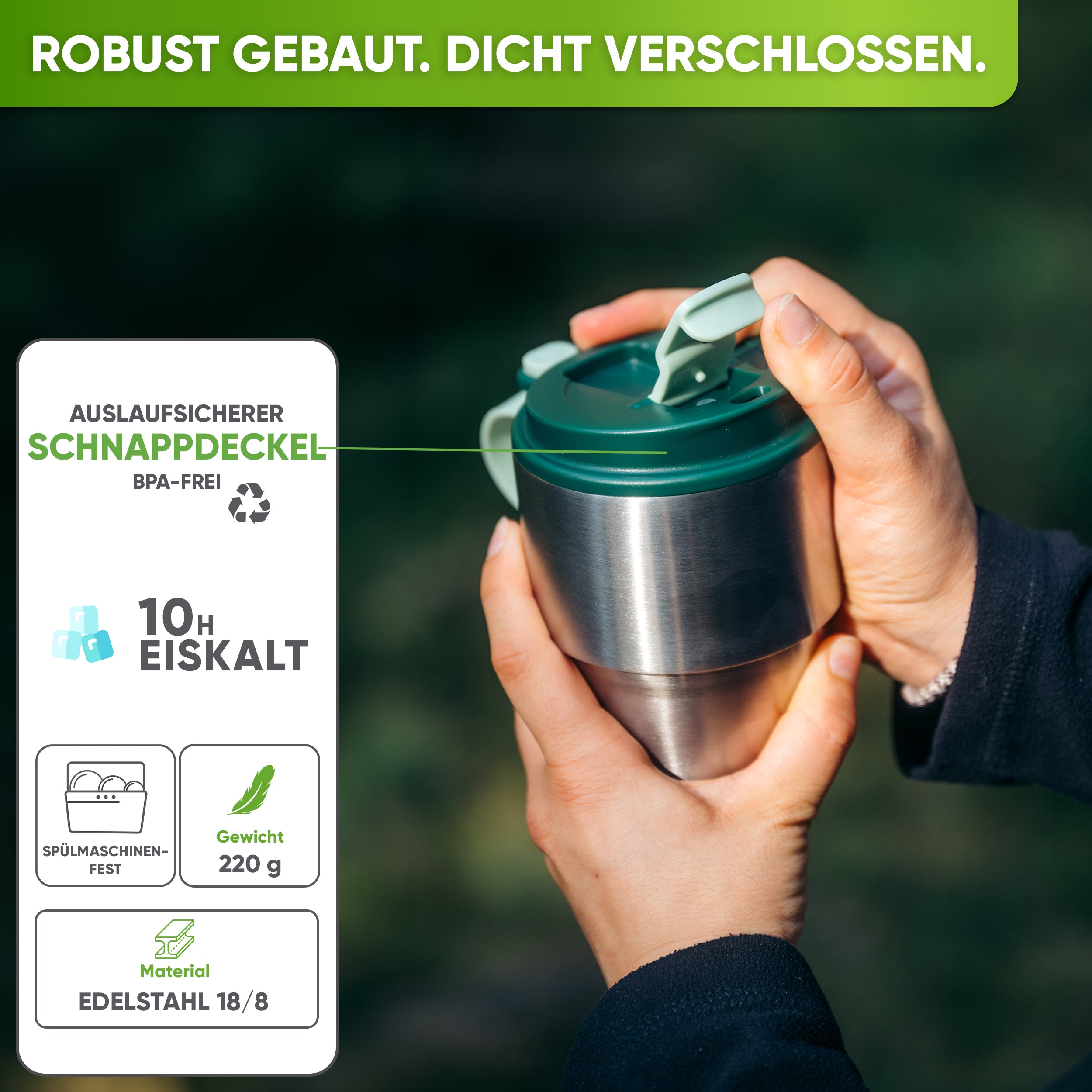 Edelstahl Isolier-Thermobecher mit Namensgravur für Kaffee & Tee – Dunkelgrün, 350ml, Ansicht 3