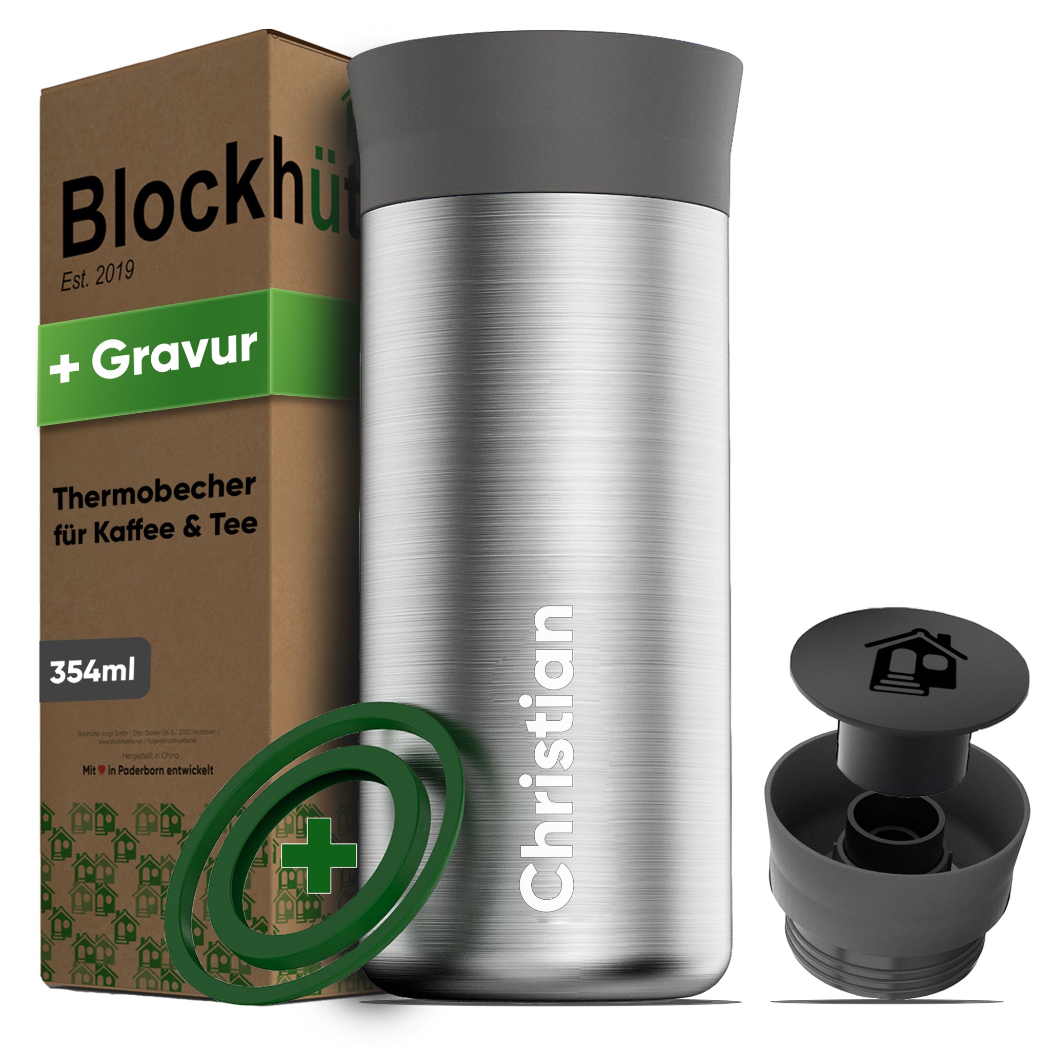 Edelstahl Thermobecher von Blockhütte mit Gravur, für Kaffee und Tee, inkl. Ersatzdichtung und Deckel, ideal für unterwegs.