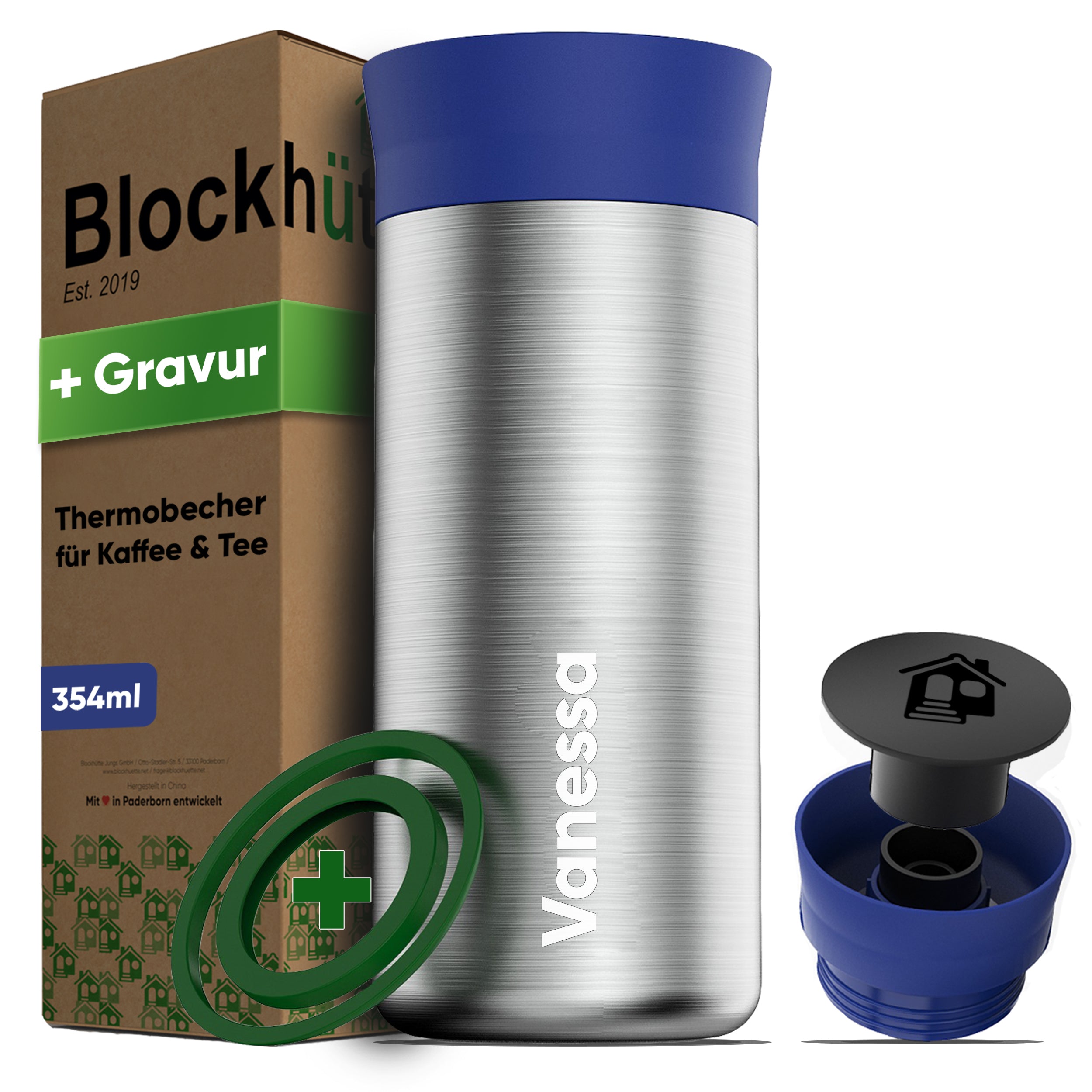 Edelstahl Thermobecher with personalized engraving, featuring Blockhütte Blockshield insulation. Perfect for coffee and tea to go.