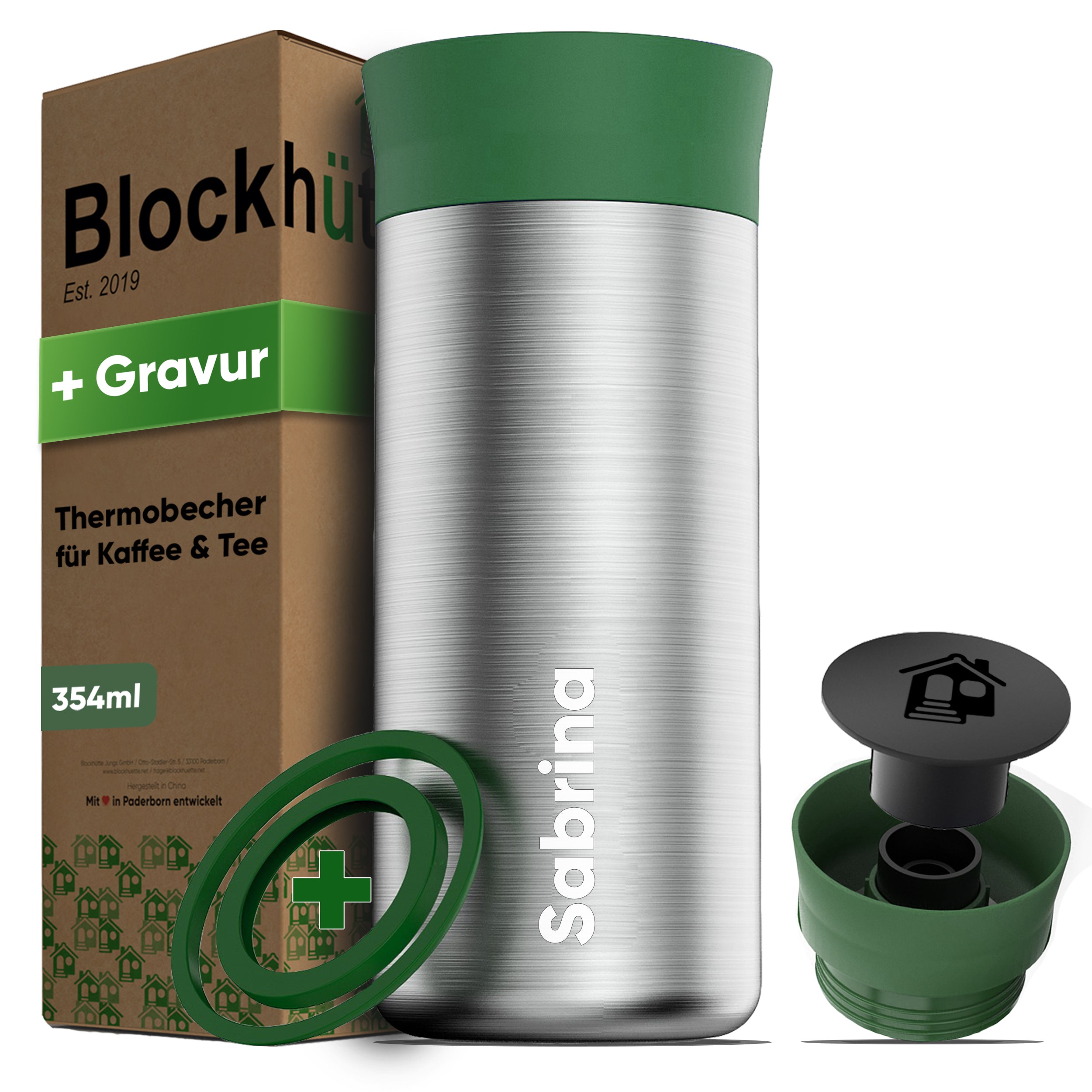 Edelstahl Thermobecher mit Gravur von Blockhütte, isolierter Kaffeebecher für To Go, hält Getränke bis zu 8h heiß, 10h kalt.