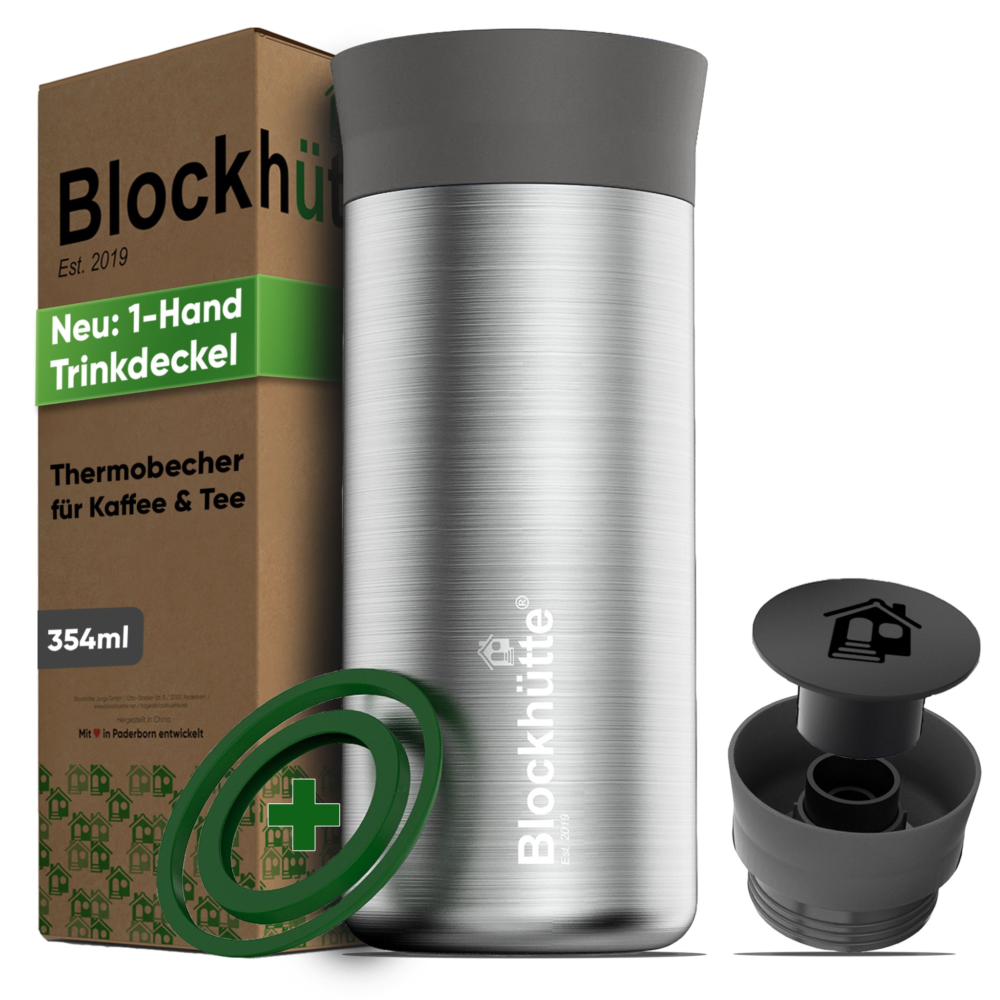 Stainless steel Blockhütte thermobecher for coffee and tea with airtight lid and extra seal, ideal for hot and cold drinks.