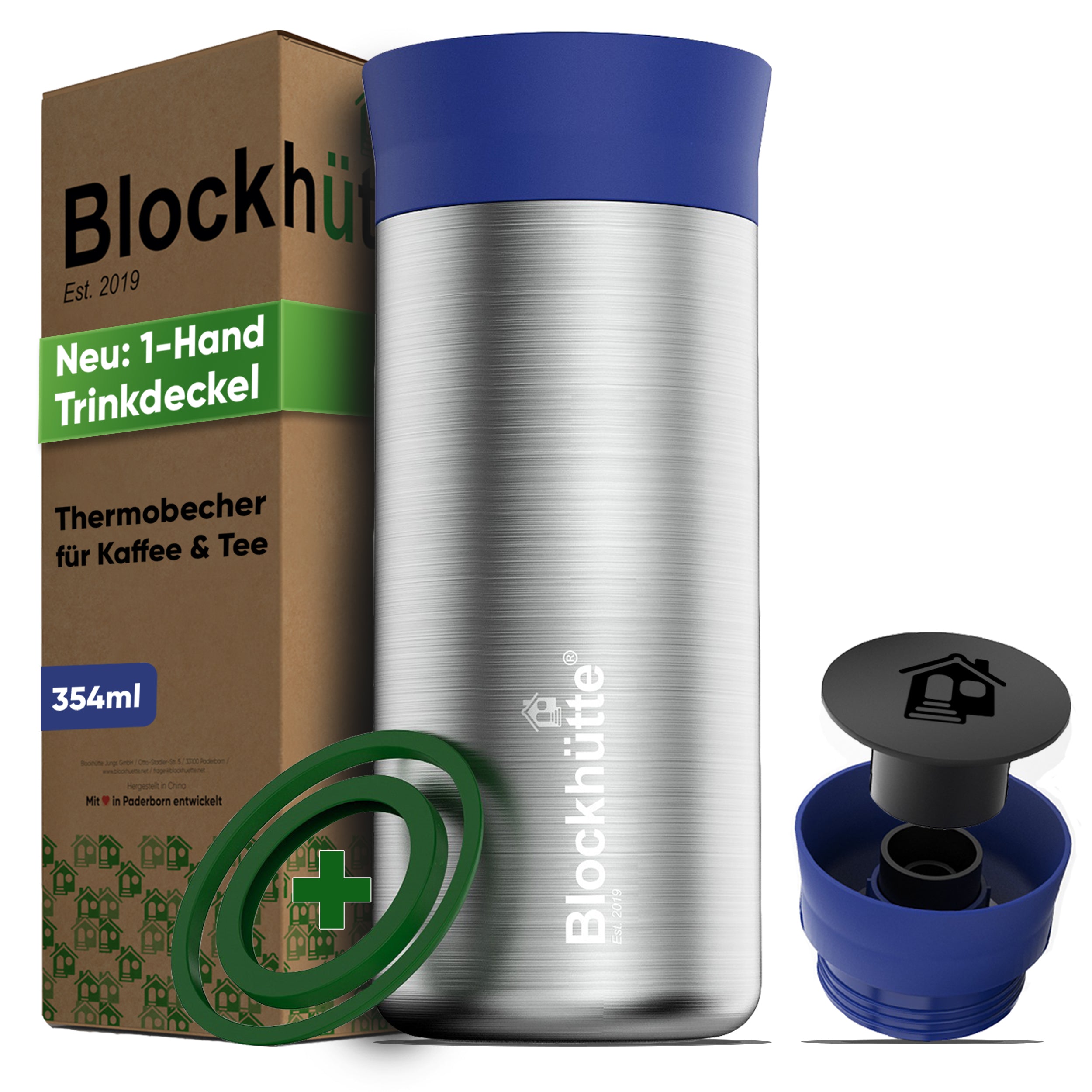 Thermobecher Edelstahl 354ml für Kaffee und Tee von Blockhütte mit 1-Hand Trinkdeckel und Ersatzdichtung.