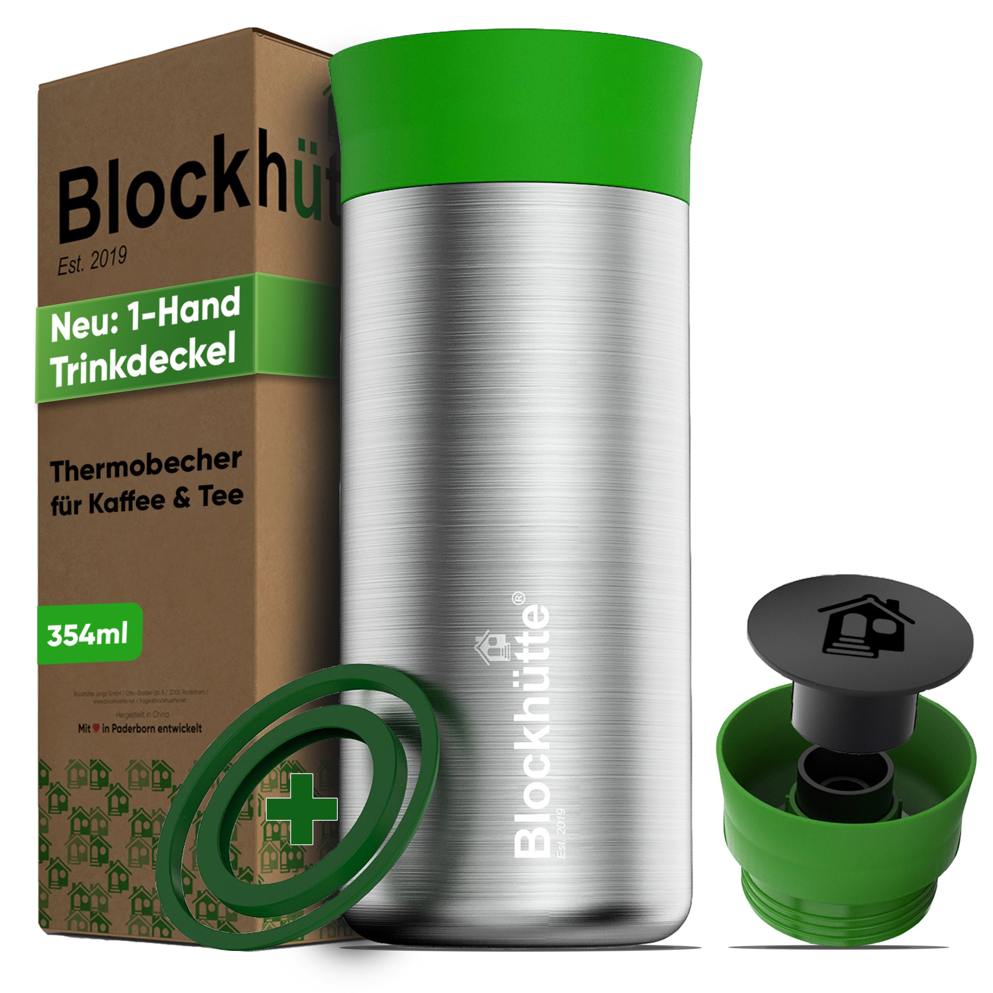 Thermobecher Edelstahl für Kaffee und Tee von Blockhütte, 354ml, mit Blockshield-Isolierung und Ersatzdichtung, ideal für To-Go.
