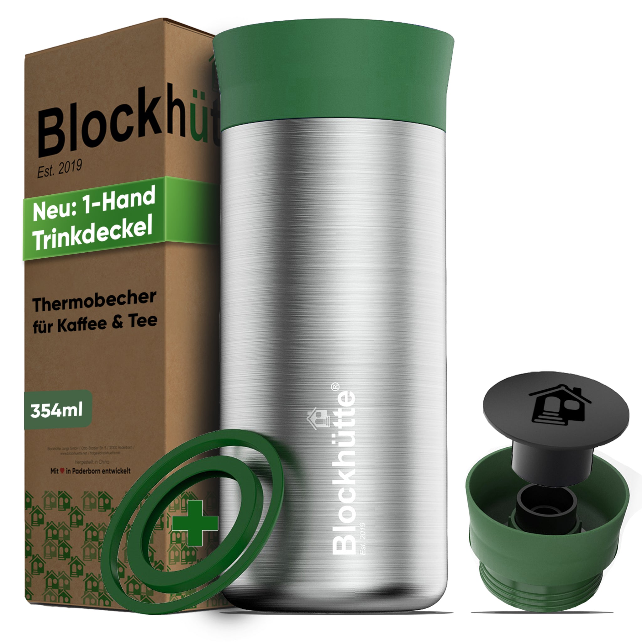 Thermobecher aus Edelstahl von Blockhütte mit grünem Deckel und Ersatzdichtungen, idealer Kaffeebecher, hält Getränke heiß oder kalt.
