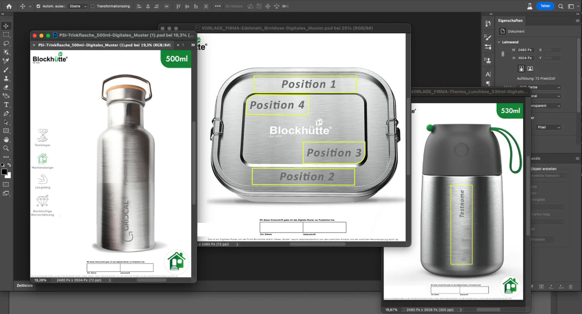 Muestra digital: productos Blockhütte con las posiciones del logotipo en el programa de diseño