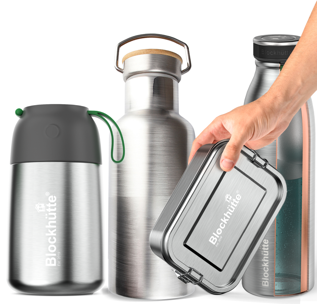 Termo, botella y fiambrera de Blockhütte con el logo de la empresa grabado