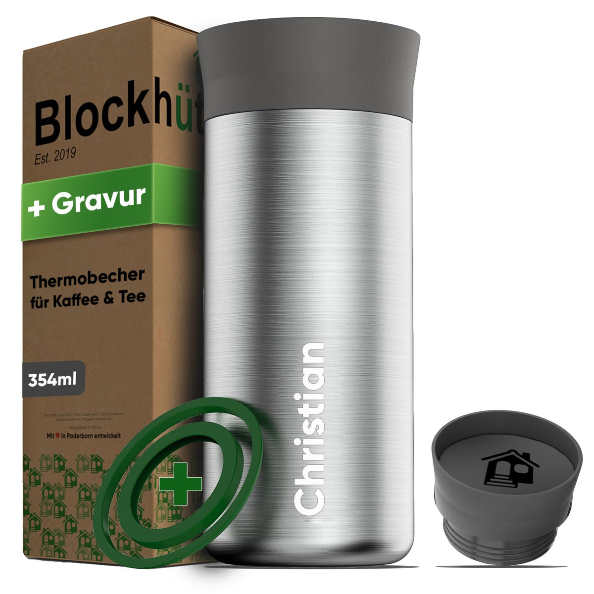 Individual Gravur für den Edelstahl Thermobecher | Blockhütte | Größe: 354ml | Farbe: Schwarz