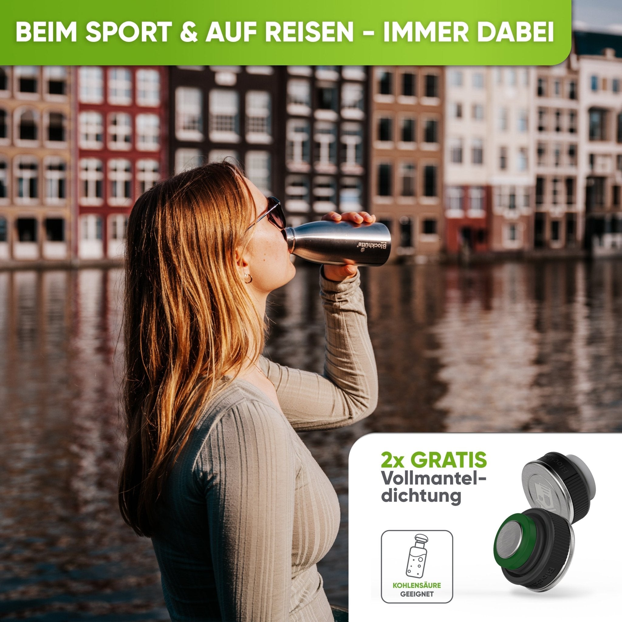 Premium Edelstahl Sport Trinkflasche isoliert mit [GRATIS Naturborsten - Bürste] - Blockhütte - BH0016