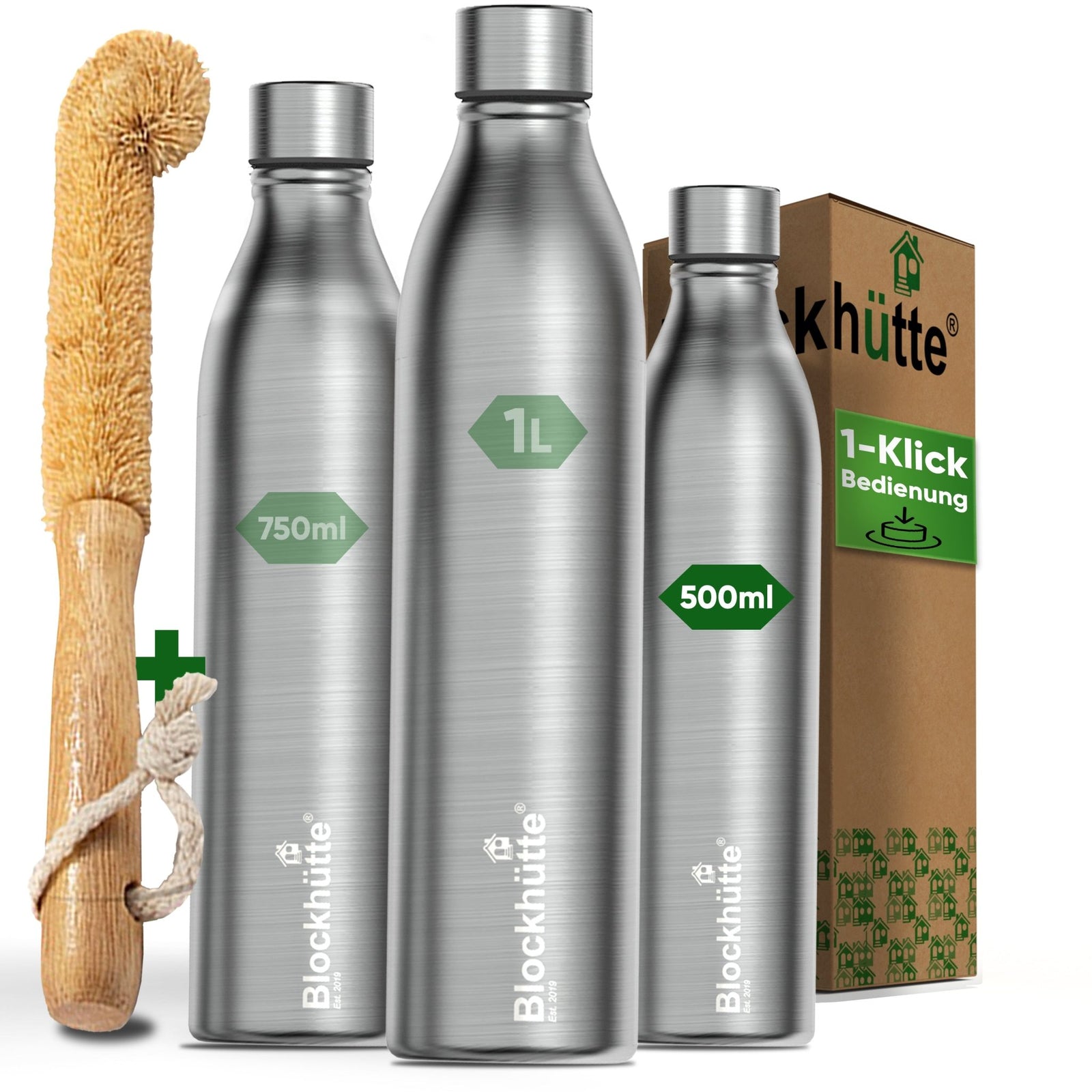 Premium Edelstahl Sport Trinkflasche isoliert mit [GRATIS Naturborsten - Bürste] - Blockhütte - BH0014