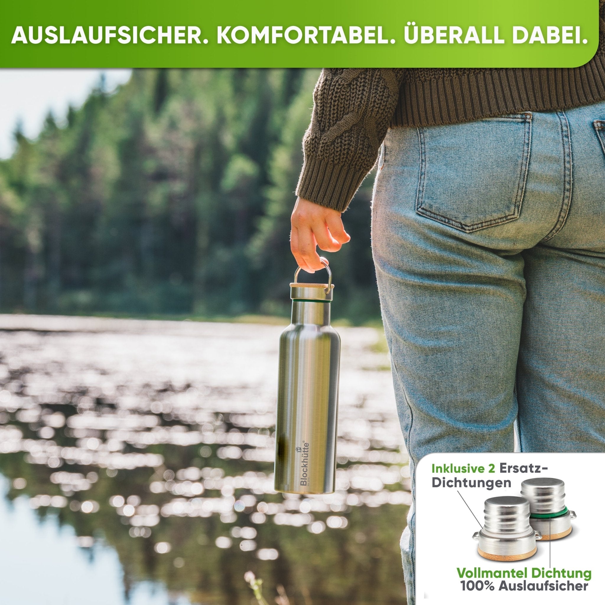 Premium Edelstahl Trinkflasche isoliert - Blockhütte - BH0006