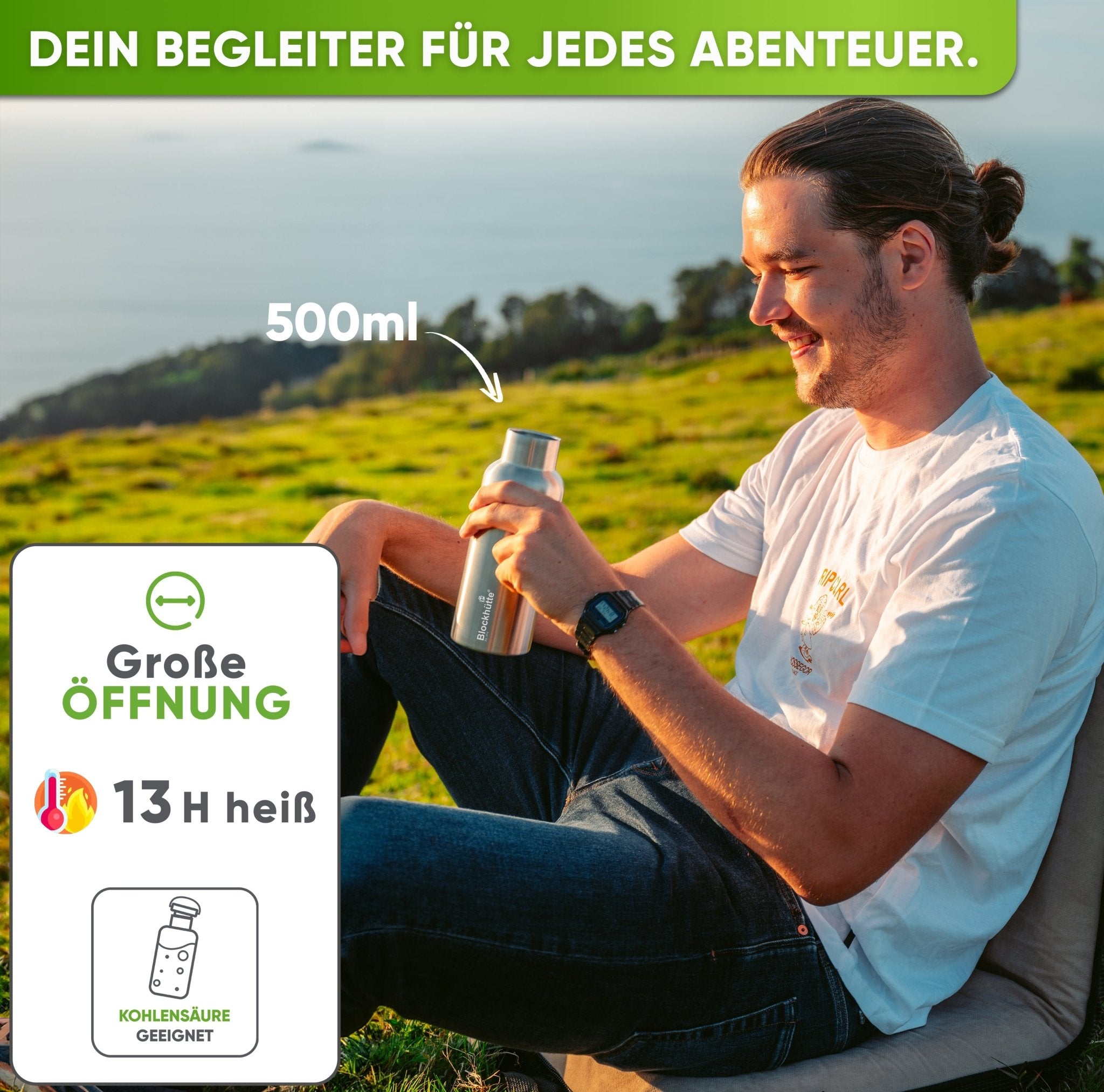 Premium Edelstahl Trinkflasche isoliert - Blockhütte - BH0007