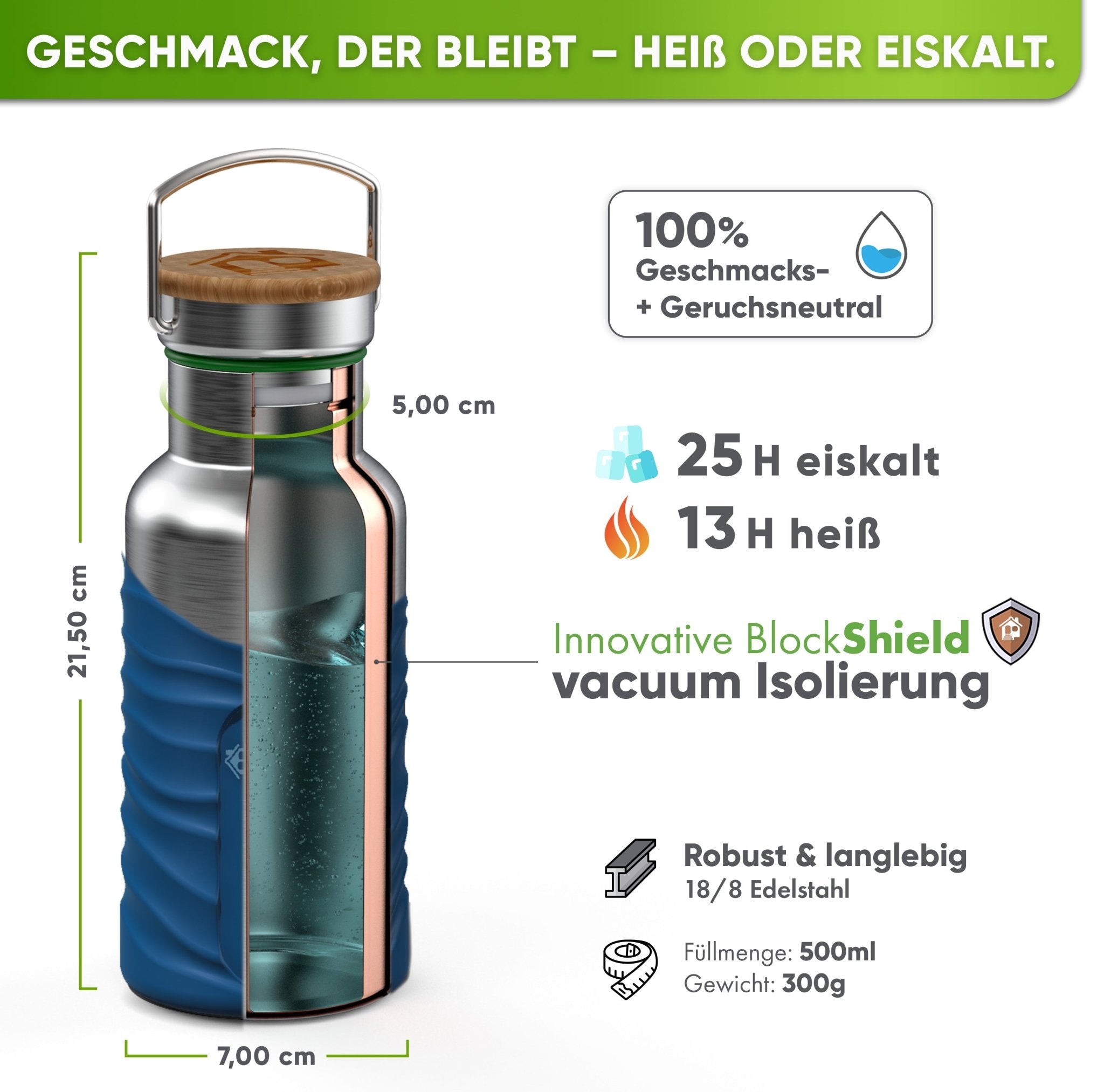 Botella térmica de acero inoxidable con funda de silicona | 500ml | azul | aislamiento y medidas