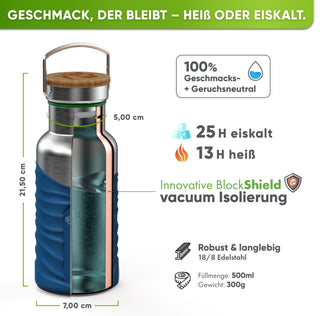Botella térmica de acero inoxidable con funda de silicona | 500ml | azul | aislamiento y medidas