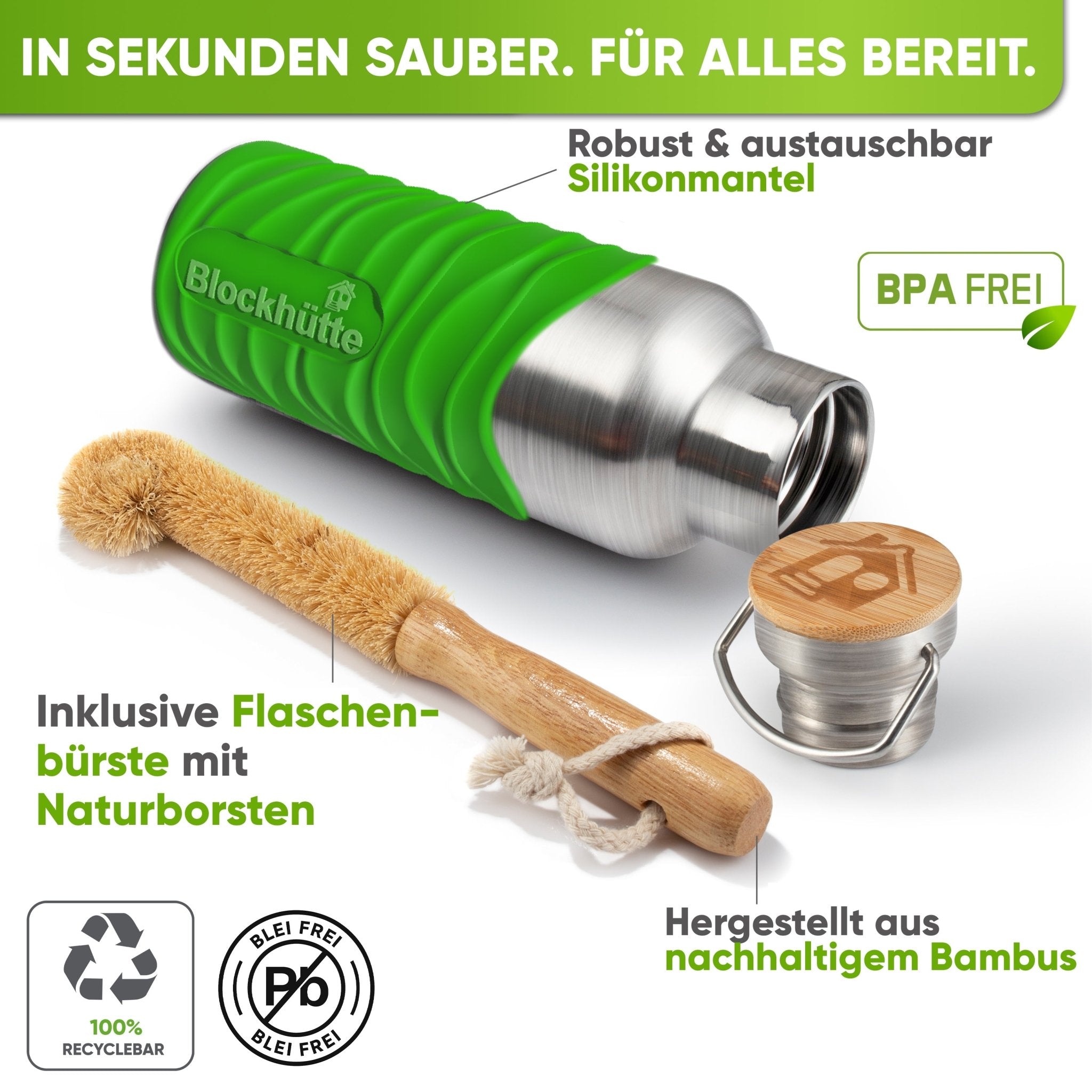 Botella térmica de acero inoxidable con funda de silicona | verde lima | cepillo y funda de silicona
