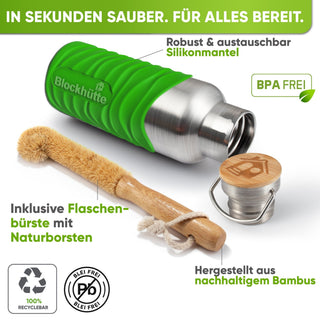 Botella térmica de acero inoxidable con funda de silicona | verde lima | cepillo y funda de silicona