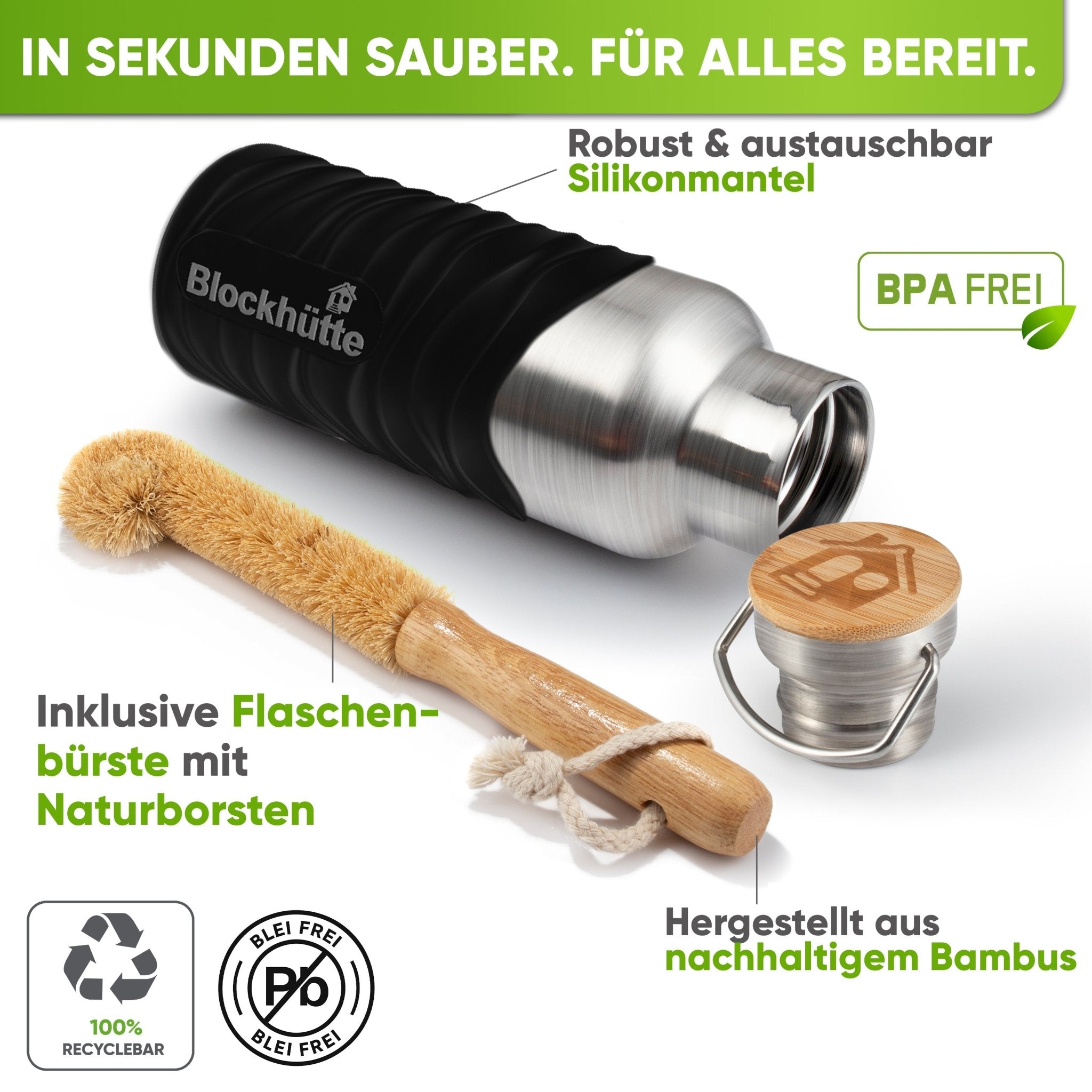 Botella térmica de acero inoxidable con funda de silicona | negro | cepillo y funda de silicona