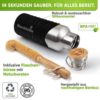 Botella térmica de acero inoxidable con funda de silicona | negro | cepillo y funda de silicona