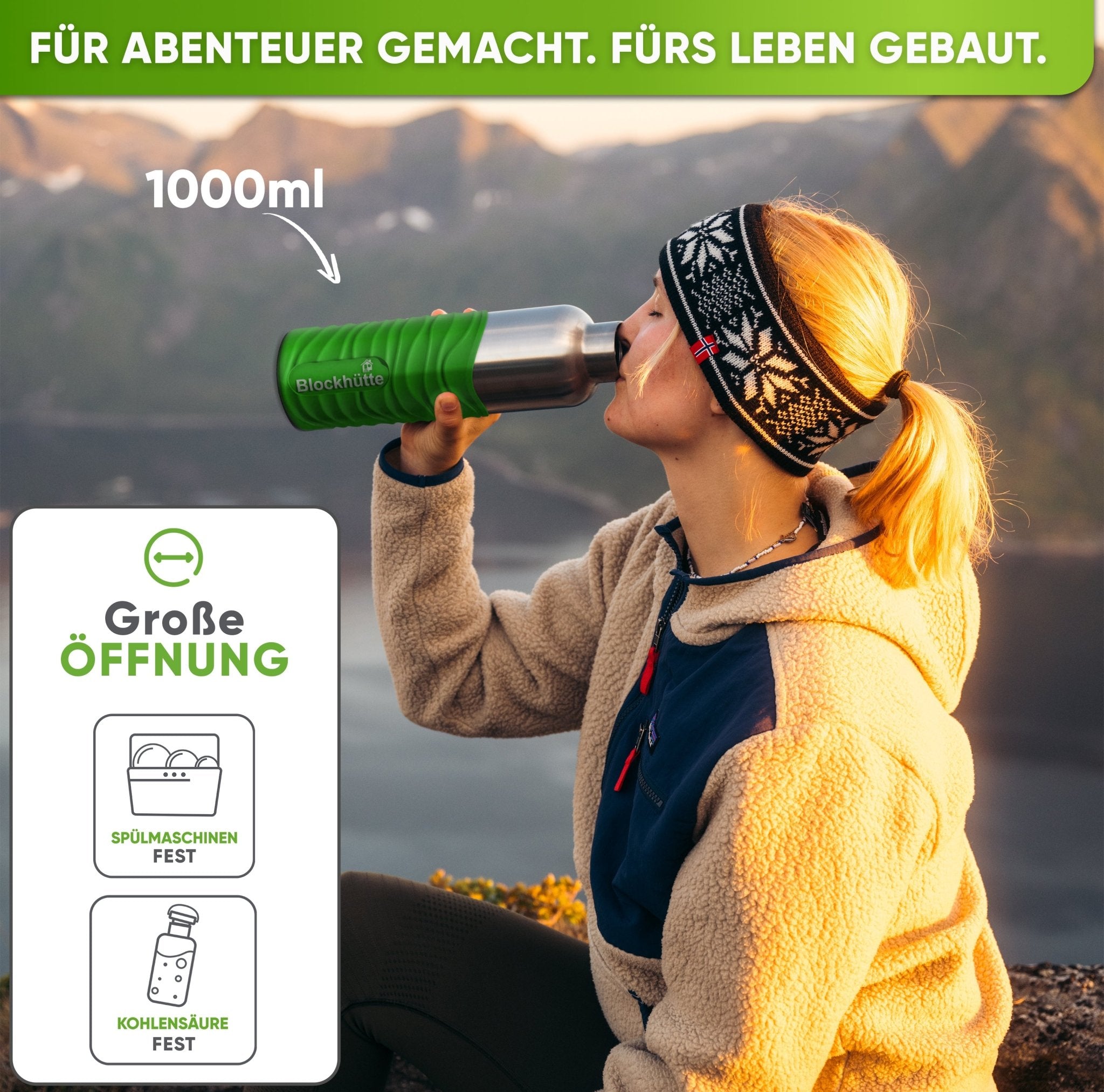Botella térmica de acero inoxidable con funda de silicona | 1000ml | verde lima | en uso