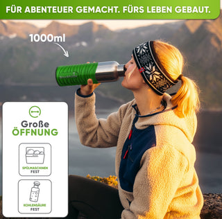 Botella térmica de acero inoxidable con funda de silicona | 1000ml | verde lima | en uso