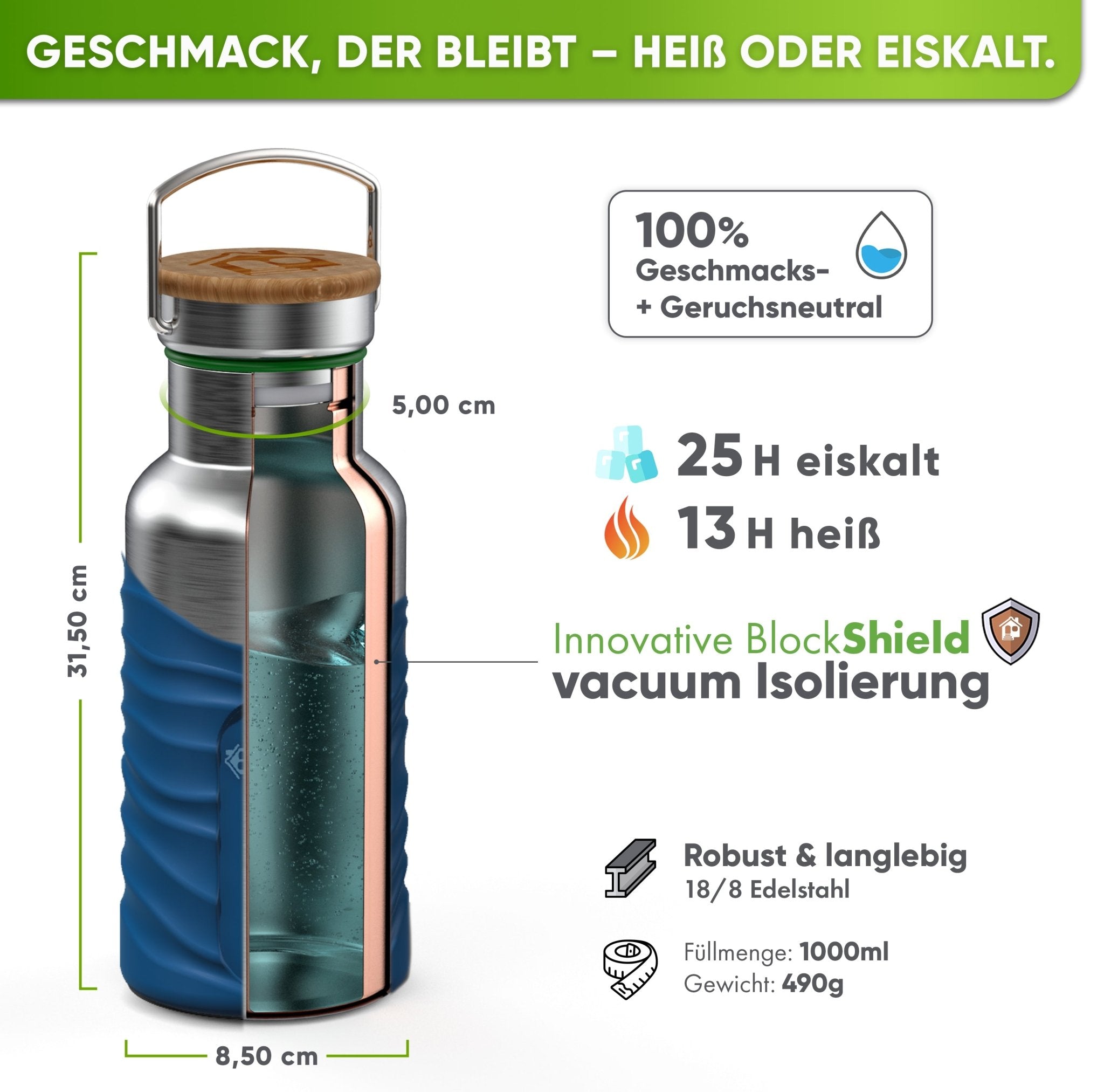 Botella térmica de acero inoxidable con funda de silicona | 1000ml | azul | aislamiento y medidas