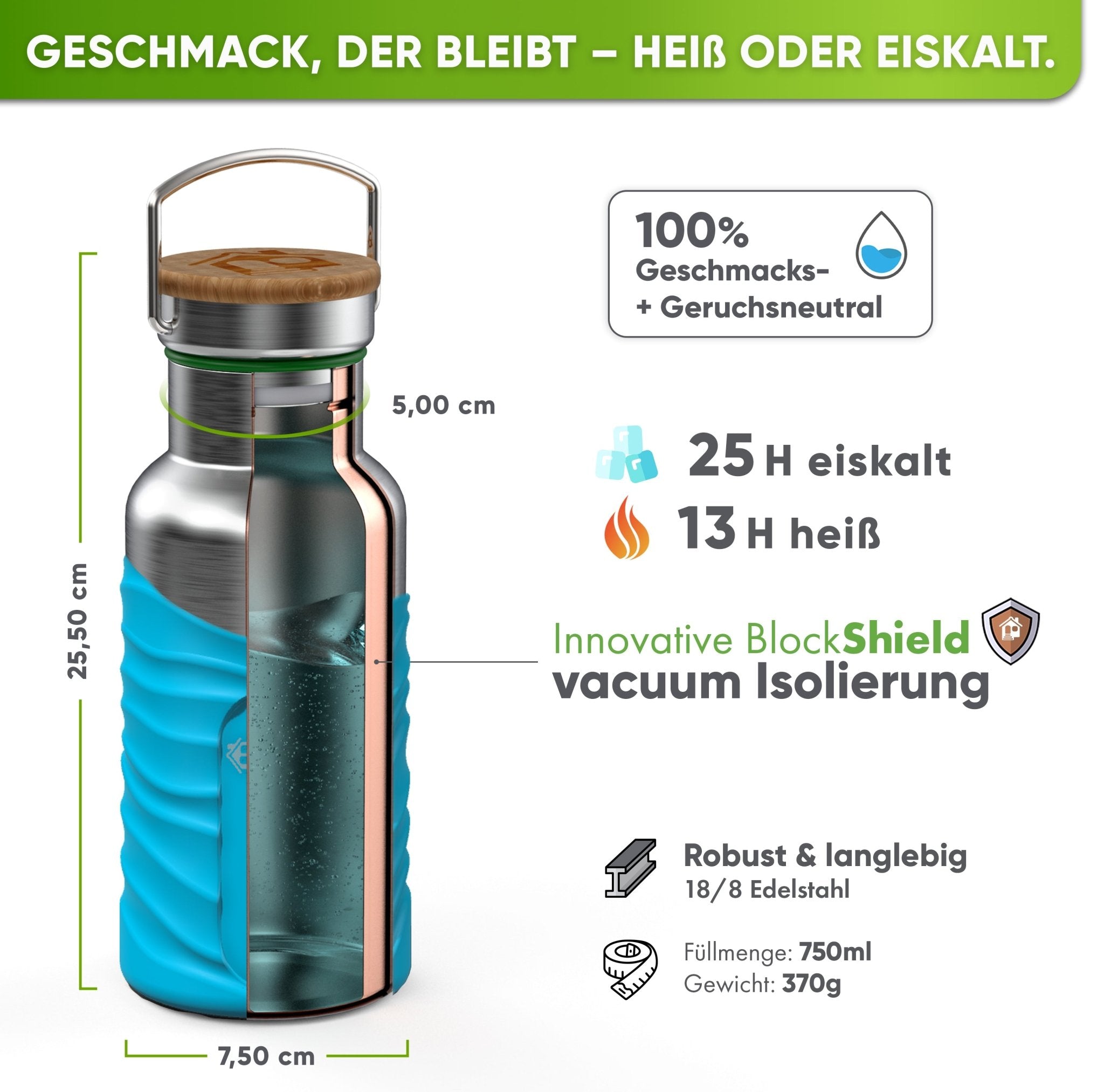 Botella térmica de acero inoxidable con funda de silicona | 750ml | turquesa | aislamiento y medidas