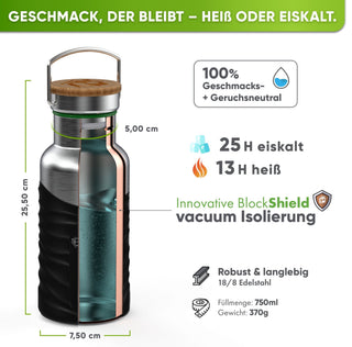 Botella térmica de acero inoxidable con funda de silicona | 750ml | negro | aislamiento y medidas