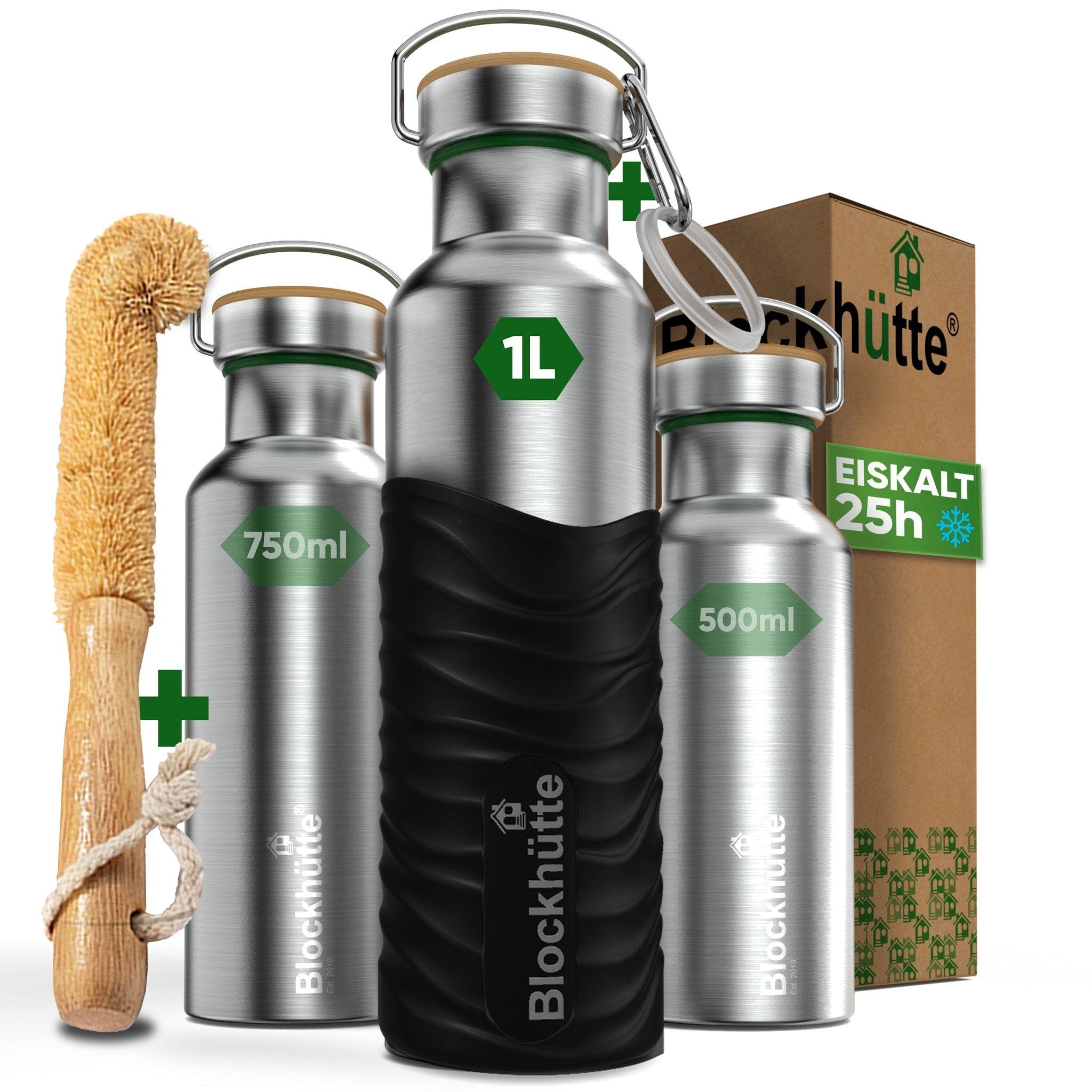 Botella térmica de acero inoxidable con funda de silicona | 1000ml | negro | imagen principal
