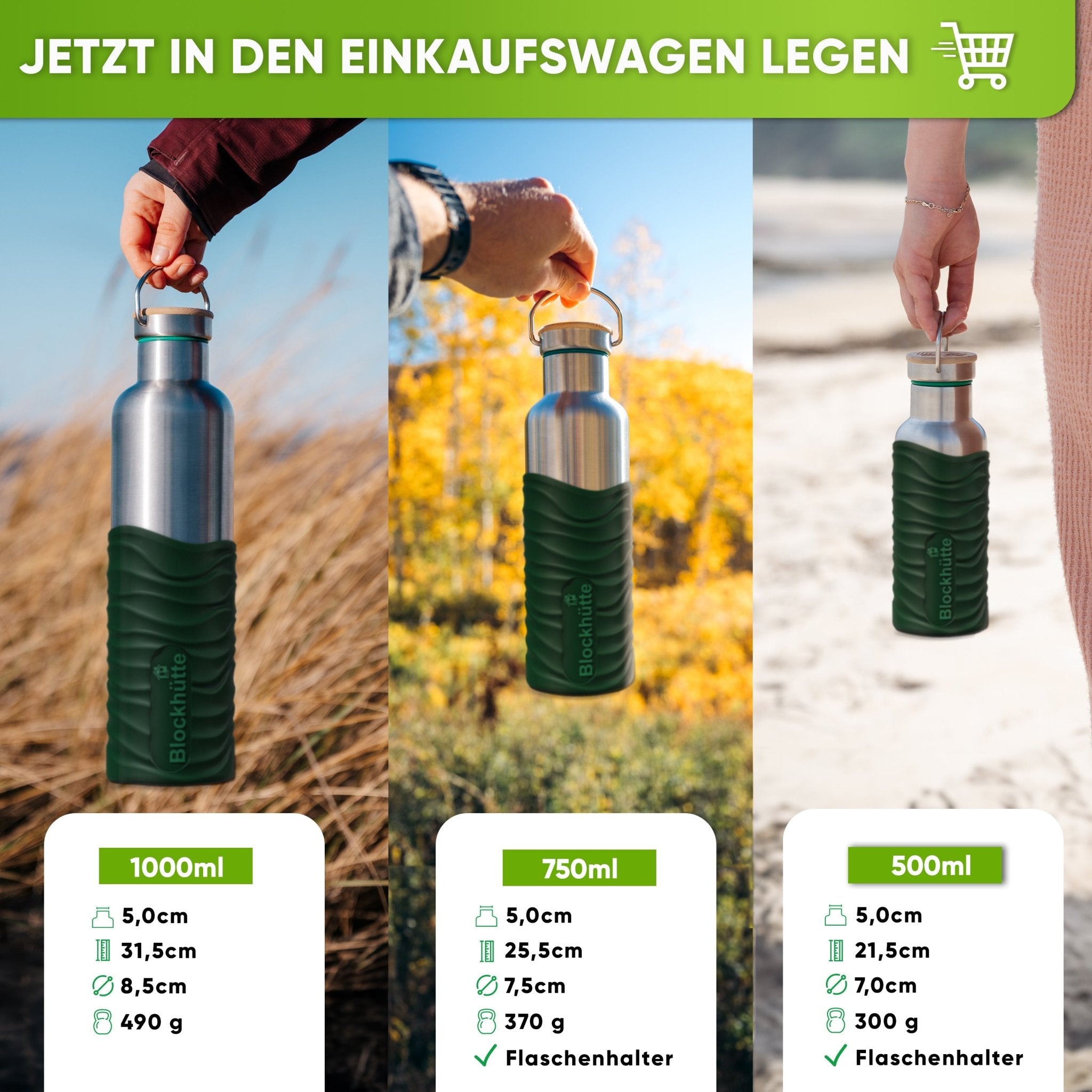 Botella térmica de acero inoxidable con funda de silicona | verde oscuro | comparación de tamaños