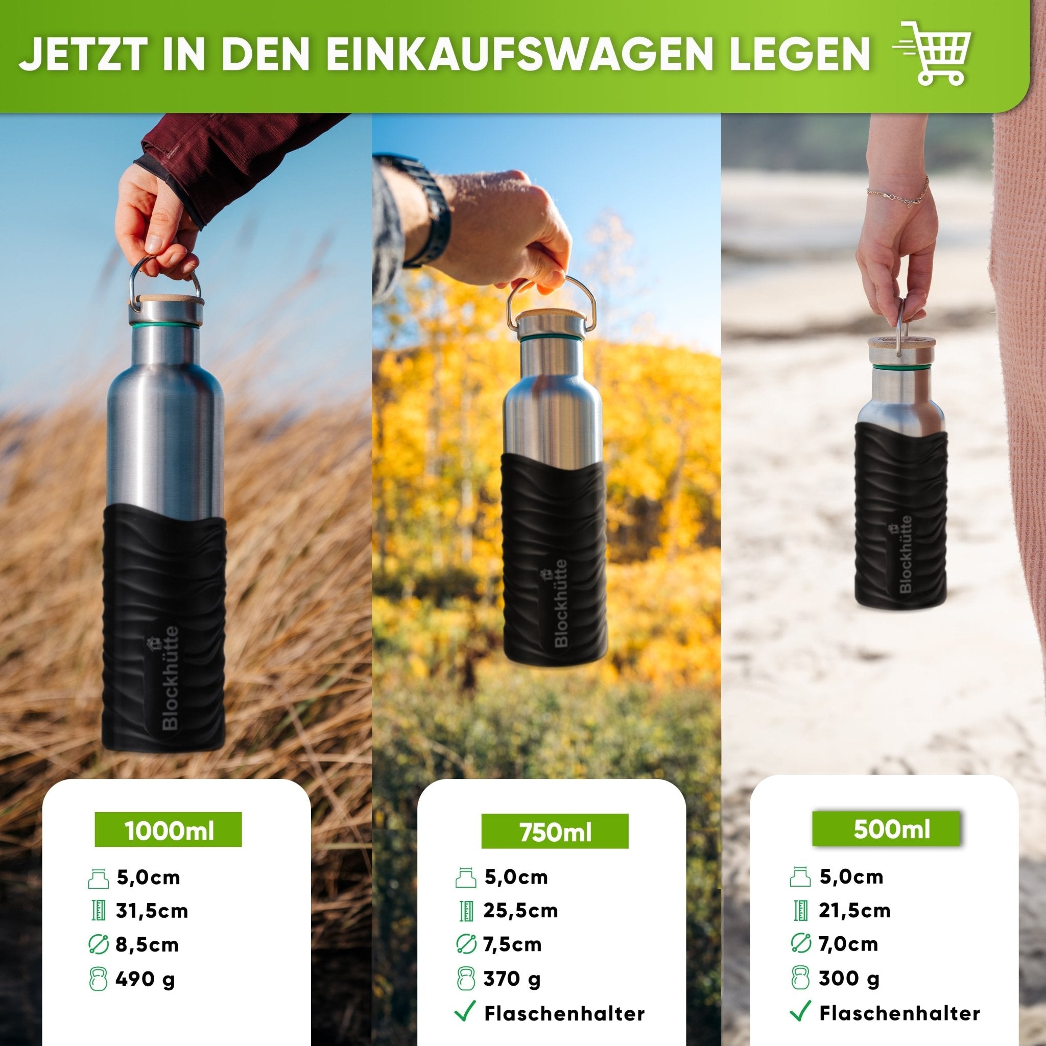 Botella térmica de acero inoxidable con funda de silicona | negro | comparación de tamaños