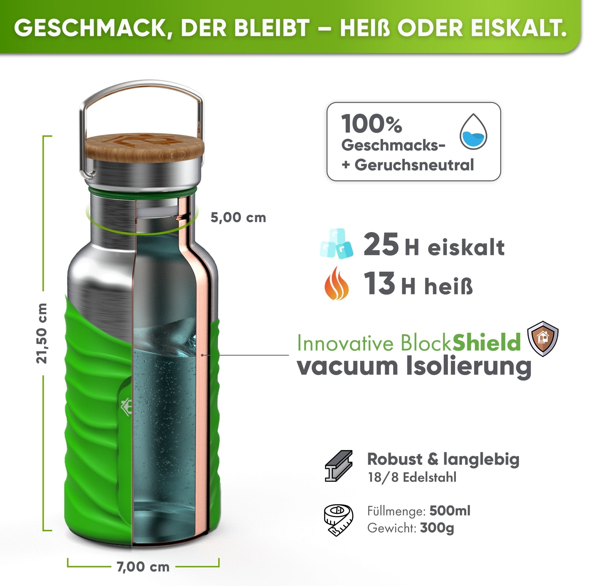 Botella térmica de acero inoxidable con funda de silicona | 500ml | verde lima | aislamiento y medidas