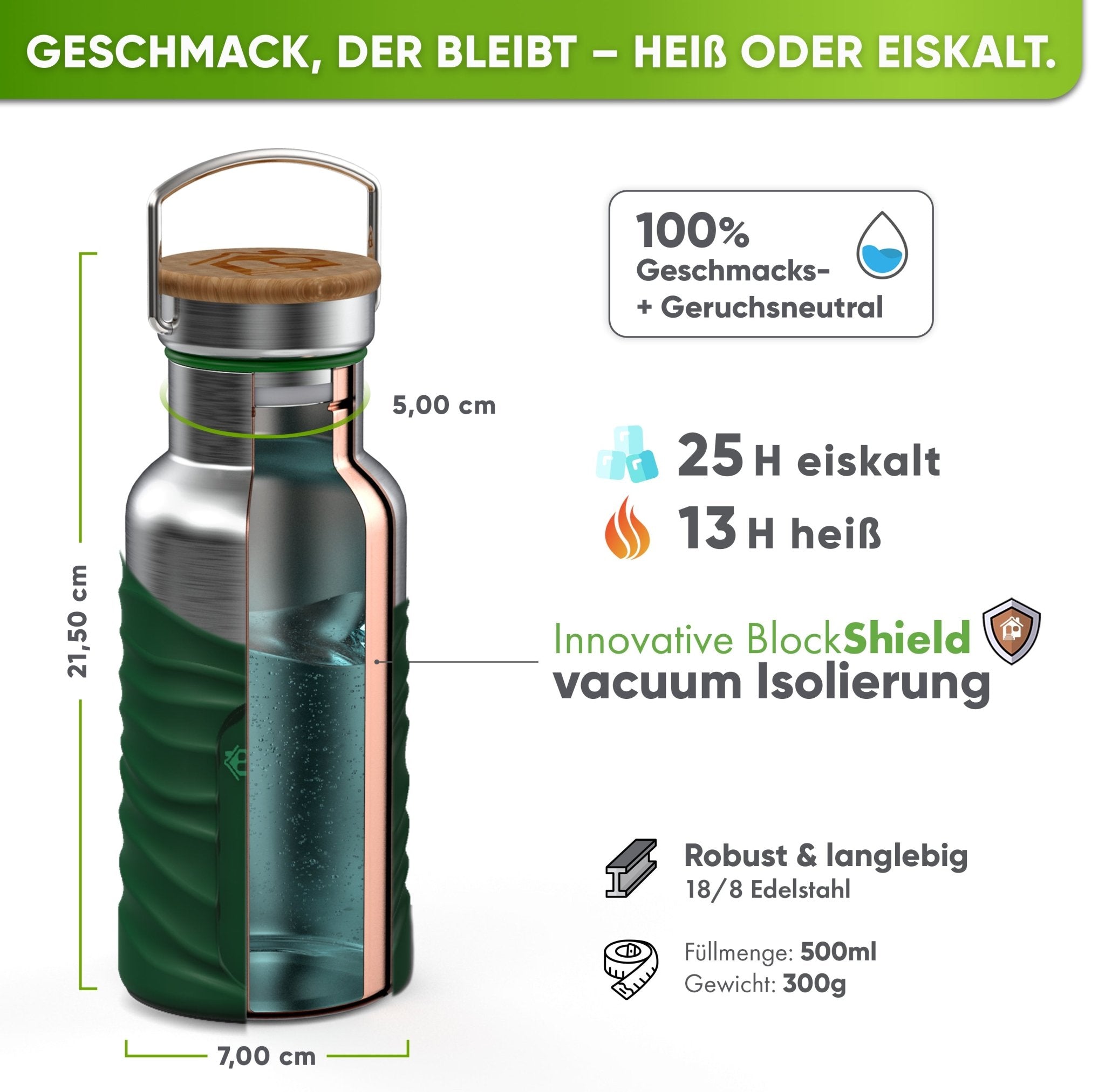 Botella térmica de acero inoxidable con funda de silicona | 500ml | verde oscuro | aislamiento y medidas