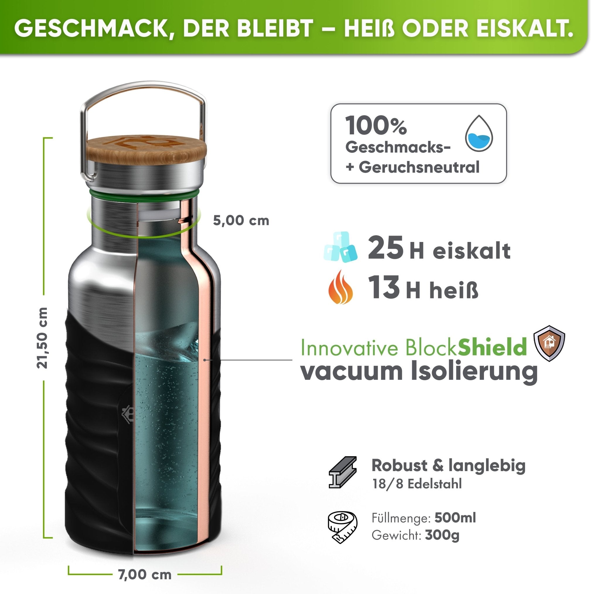 Botella térmica de acero inoxidable con funda de silicona | 500ml | negro | aislamiento y medidas