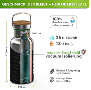 Botella térmica de acero inoxidable con funda de silicona | 500ml | negro | aislamiento y medidas