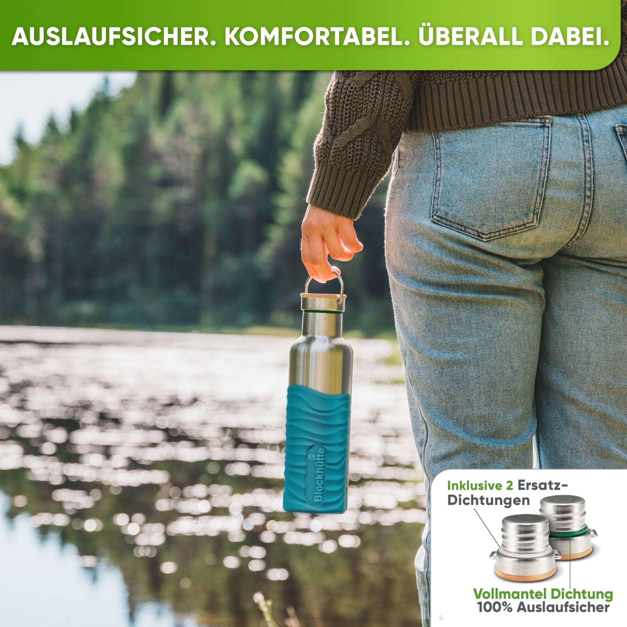 Botella térmica de acero inoxidable con funda de silicona | 750ml | turquesa | a prueba de fugas