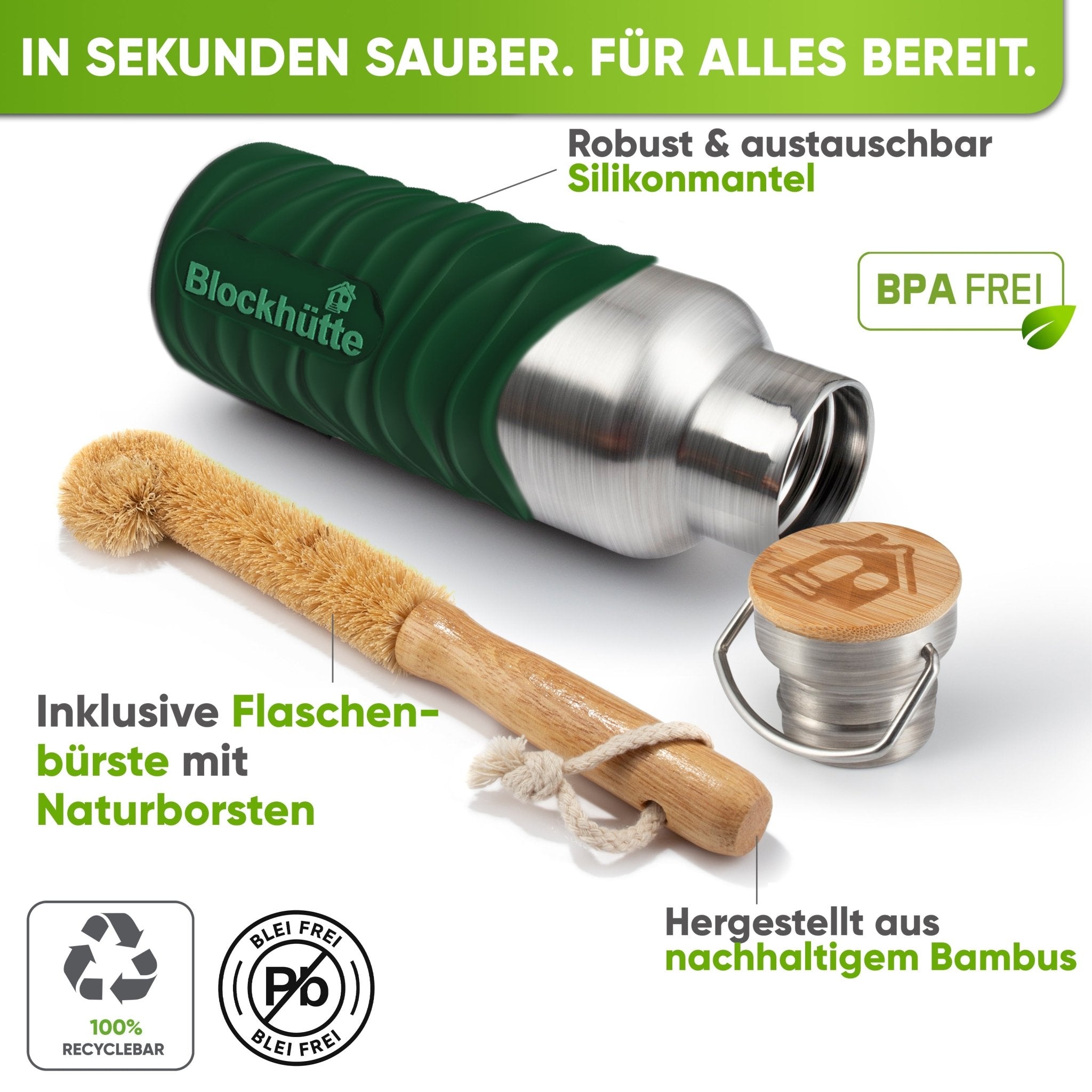 Botella térmica de acero inoxidable con funda de silicona | verde oscuro | cepillo y funda de silicona