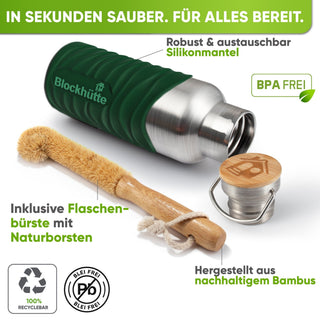 Botella térmica de acero inoxidable con funda de silicona | verde oscuro | cepillo y funda de silicona