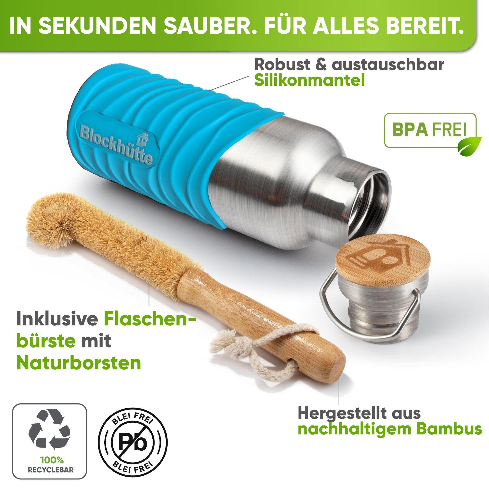 Botella térmica de acero inoxidable con funda de silicona | turquesa | cepillo y funda de silicona
