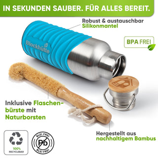 Botella térmica de acero inoxidable con funda de silicona | turquesa | cepillo y funda de silicona